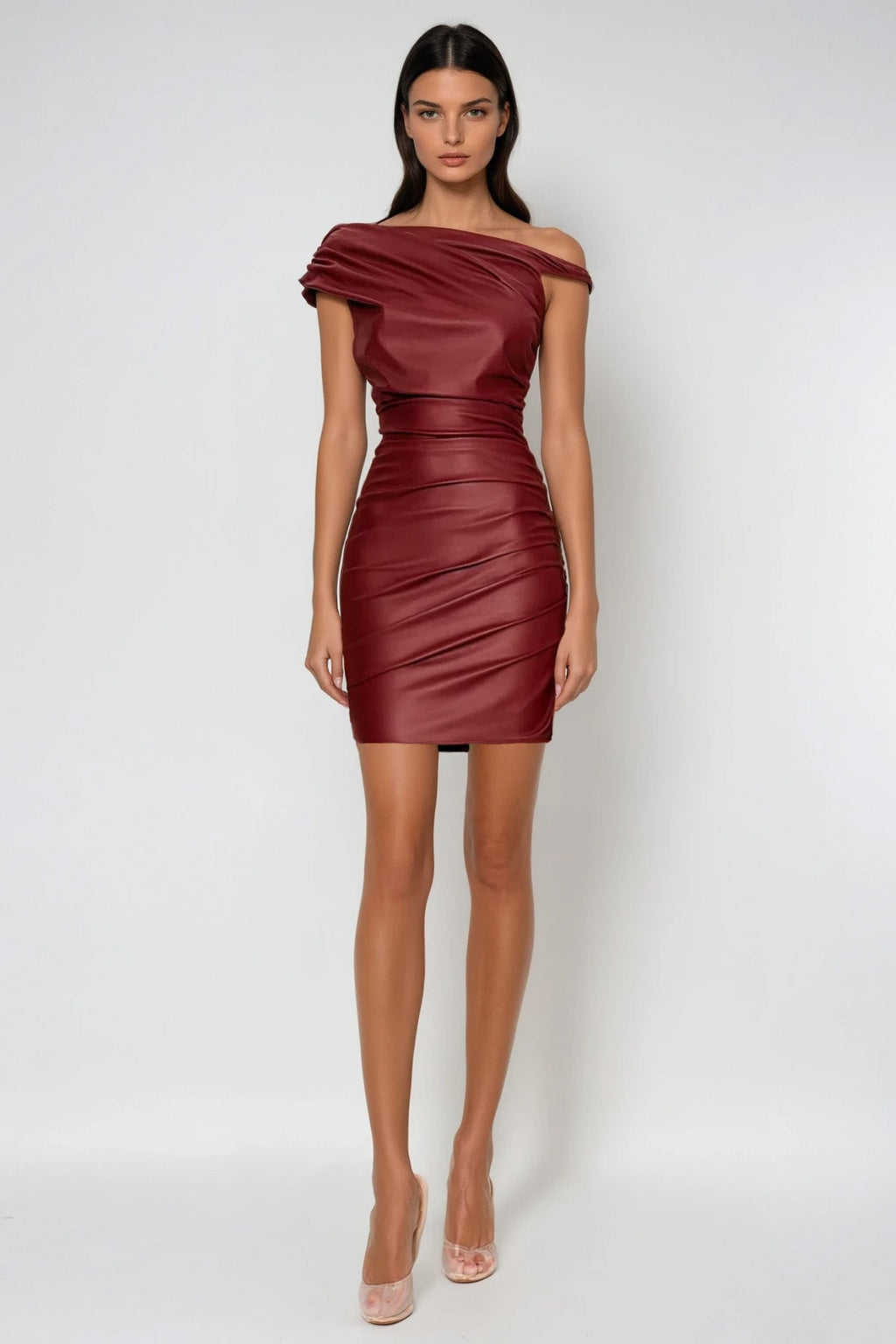 Aquaria Ruch Twist Asymmetric Leather Mini Dress In Red