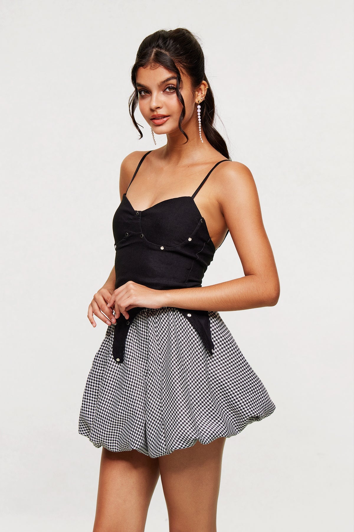 Arabeth Studded Spaghetti Houndstooth Skirt Set