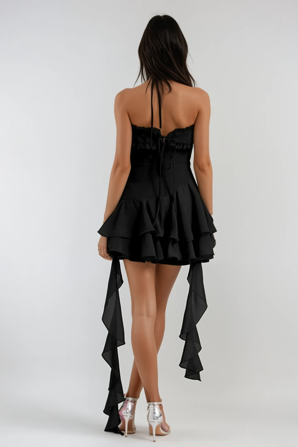 Aracely Halter Neck Mesh Ruffle Fringe Mini Dress In Black