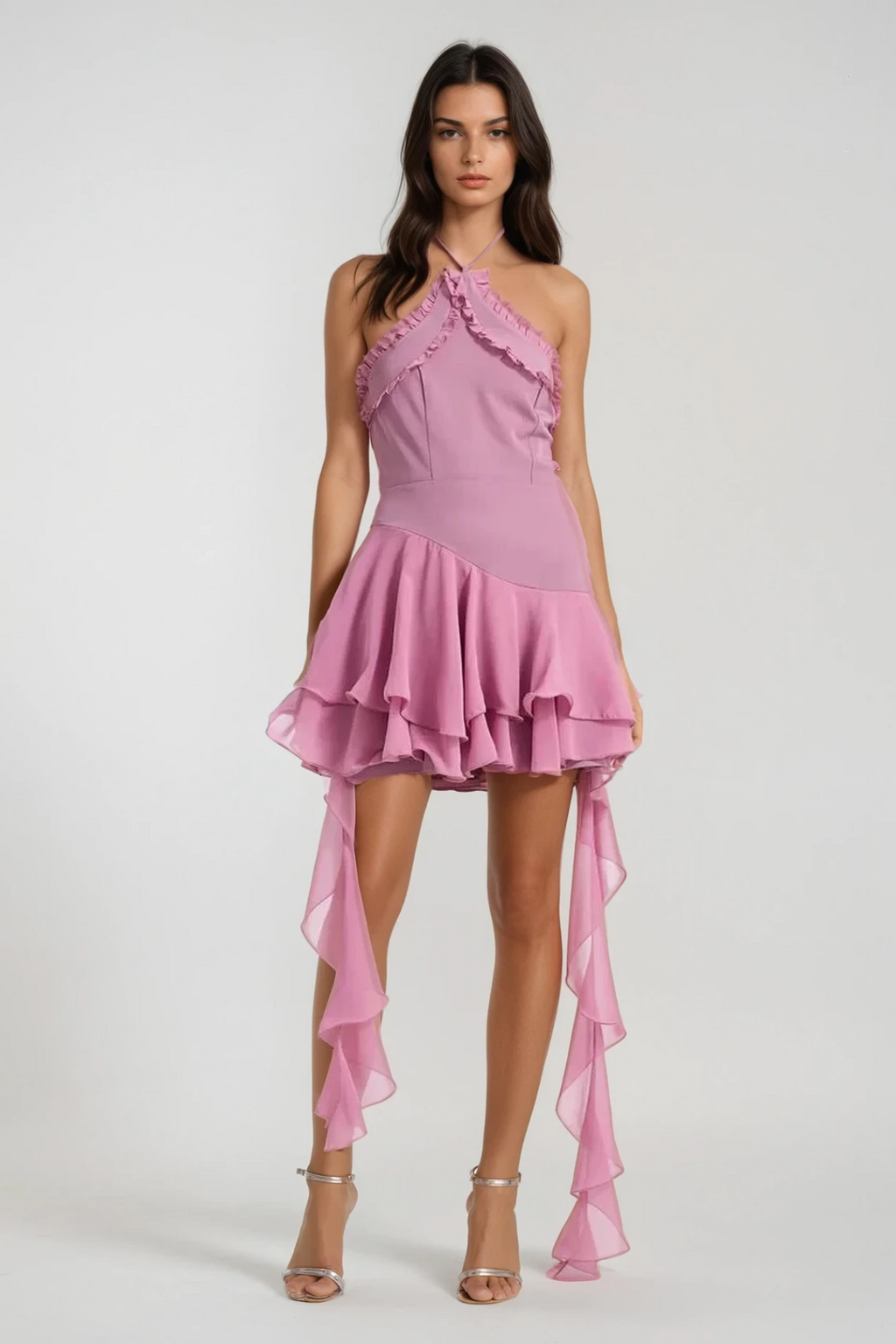 Aracely Halter Neck Mesh Ruffle Fringe Mini Dress In Pink