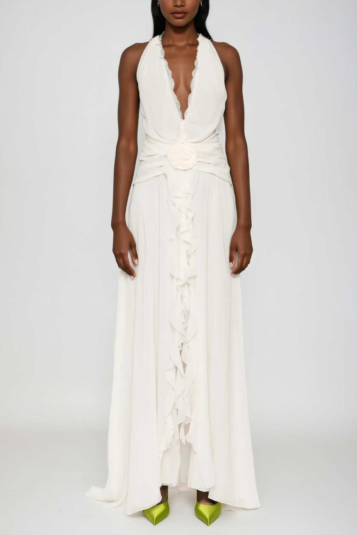 Aradhya Flower Ruffle Halter Neck Mesh Maxi Dress In White