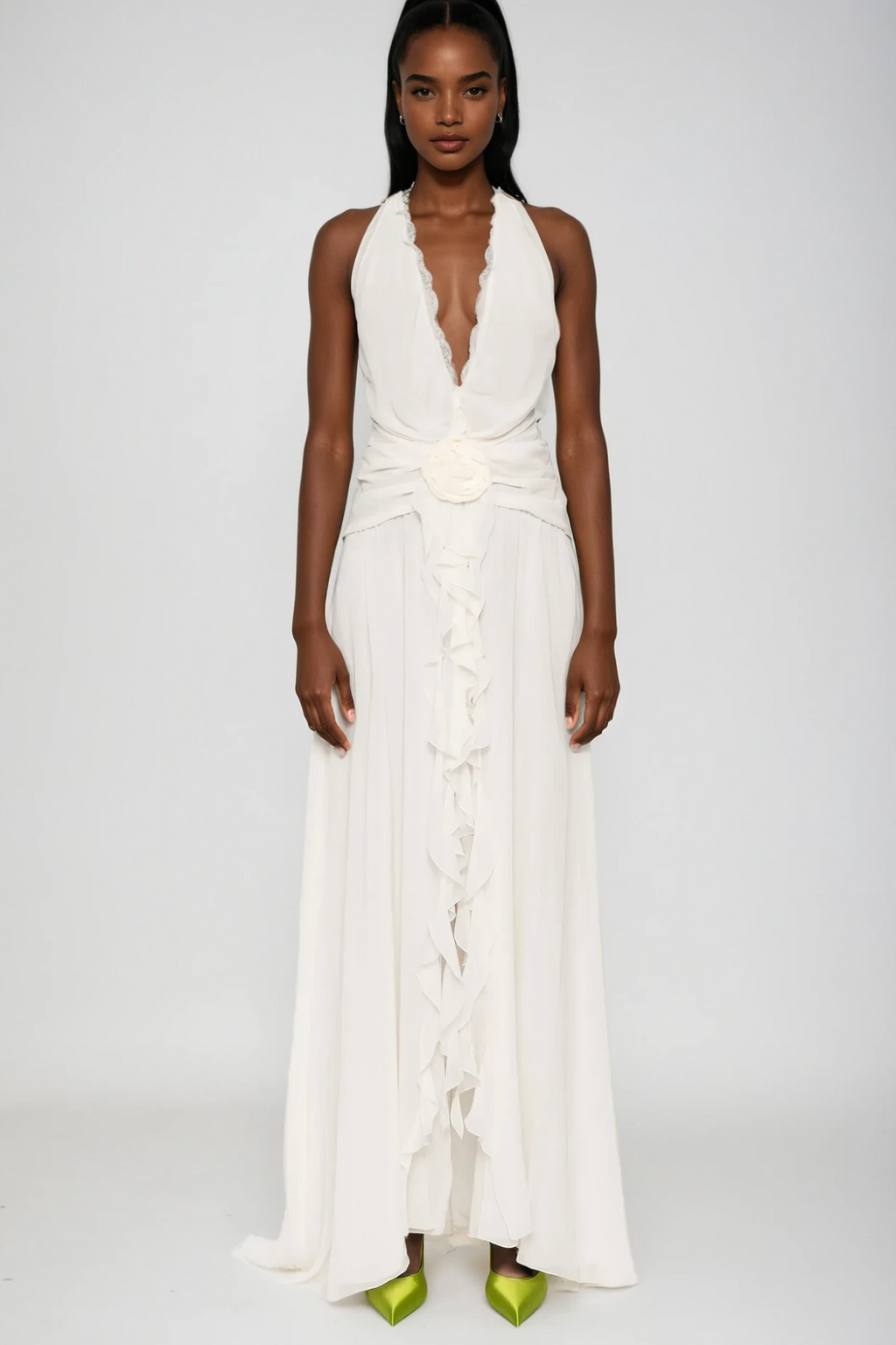 Aradhya Flower Ruffle Halter Neck Mesh Maxi Dress In White