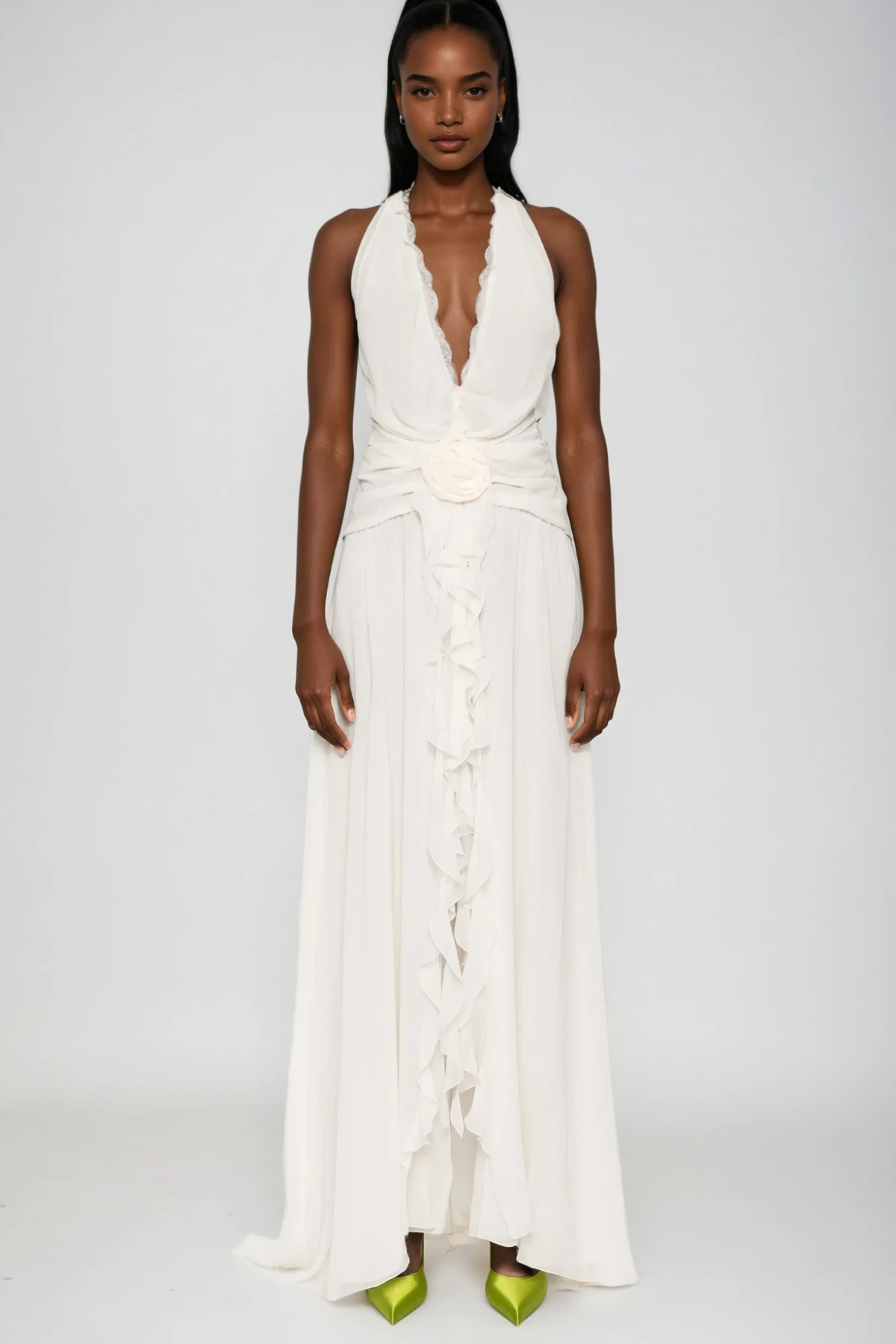 Aradhya Flower Ruffle Halter Neck Mesh Maxi Dress In White