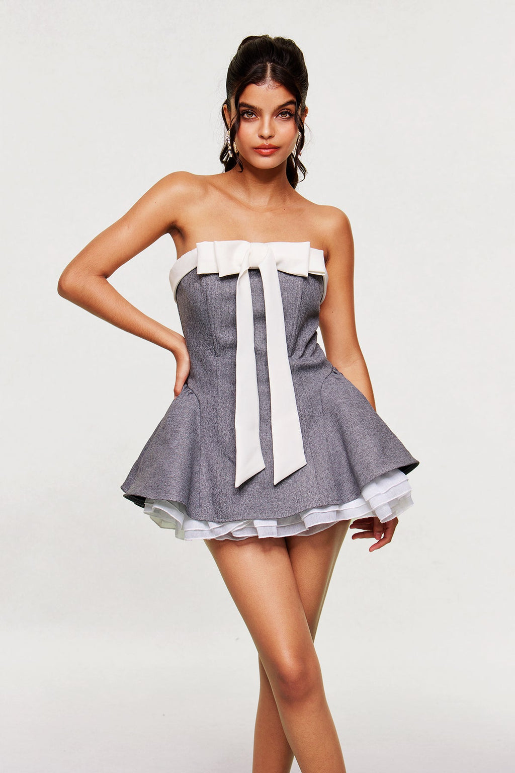 Arafa Bow Lace Ruffle Strapless Mini Dress