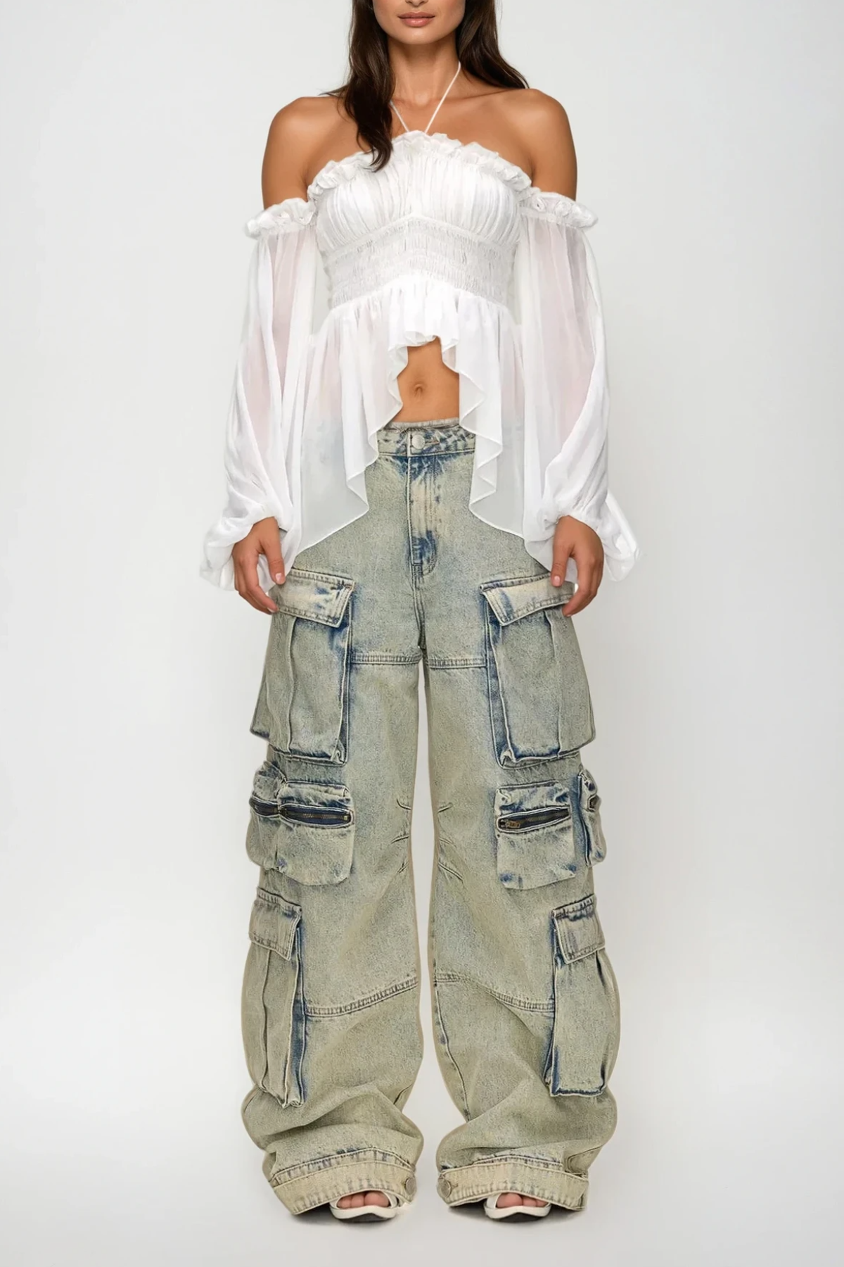 Aranrhod Mesh Ruch Asymmetric Ruffle Top