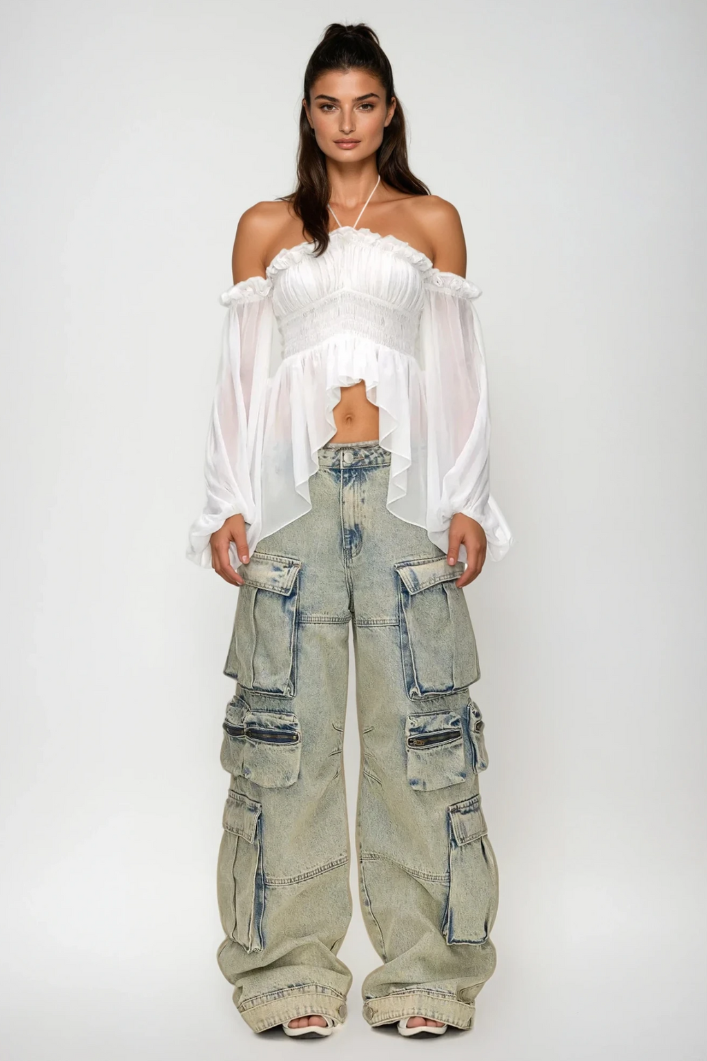 Aranrhod Mesh Ruch Asymmetric Ruffle Top