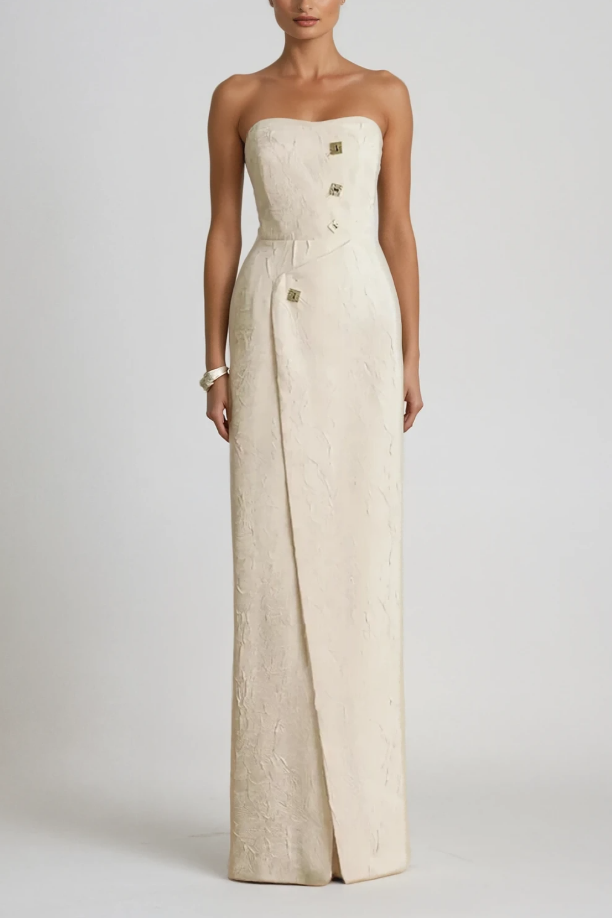 Archimedes Strapless Button Split Maxi Dress