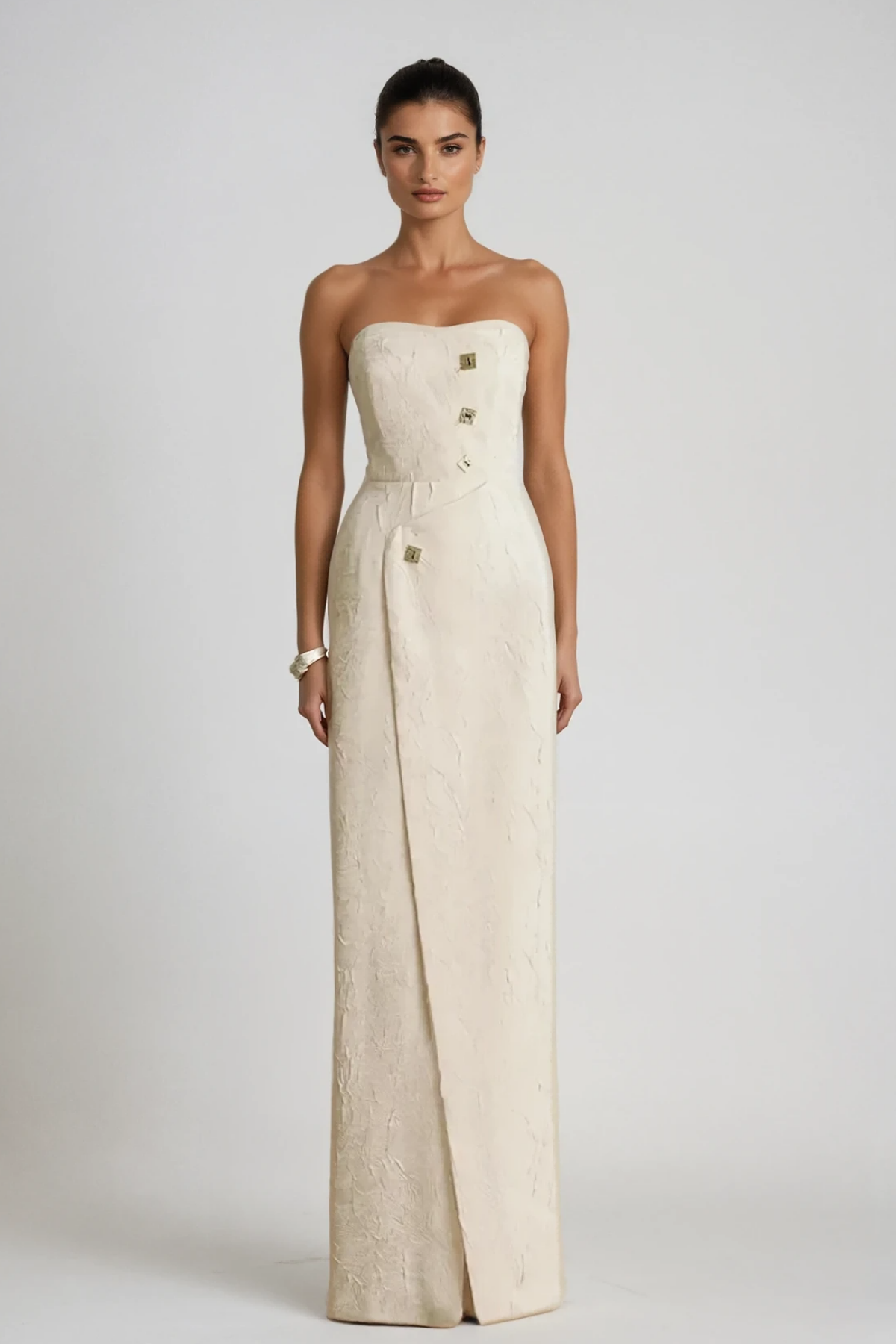 Archimedes Strapless Button Split Maxi Dress