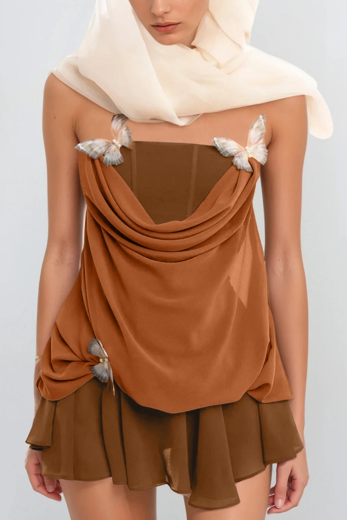 Ardelis Strapless Butterfly Mesh Ruffle Mini Dress