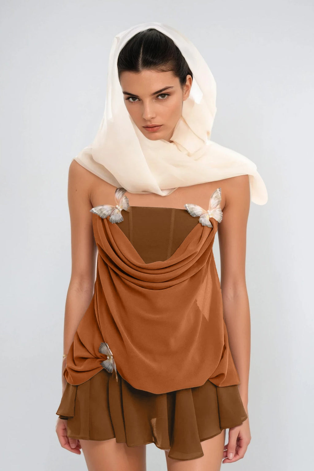 Ardelis Strapless Butterfly Mesh Ruffle Mini Dress