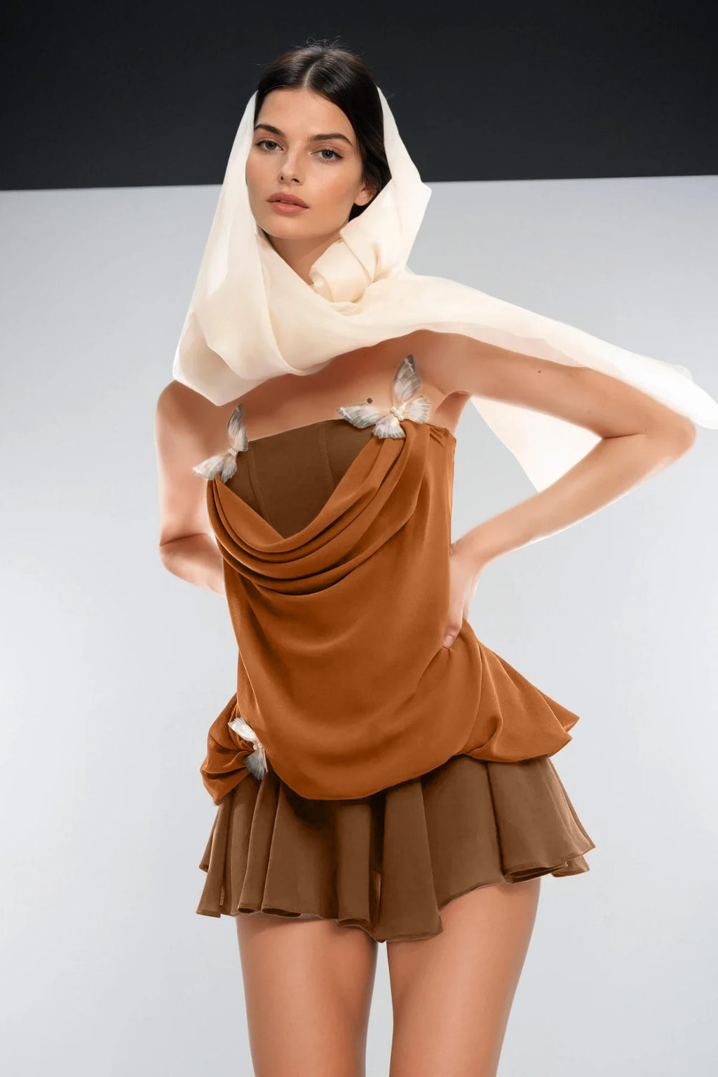 Ardelis Strapless Butterfly Mesh Ruffle Mini Dress