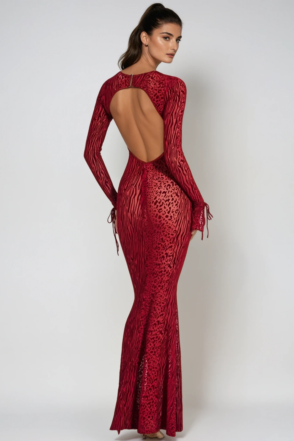 Ardelle Leopard Mesh Backless Maxi Dress