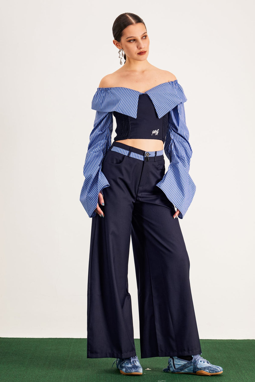Arden Grid Off Shoulder Pants Set