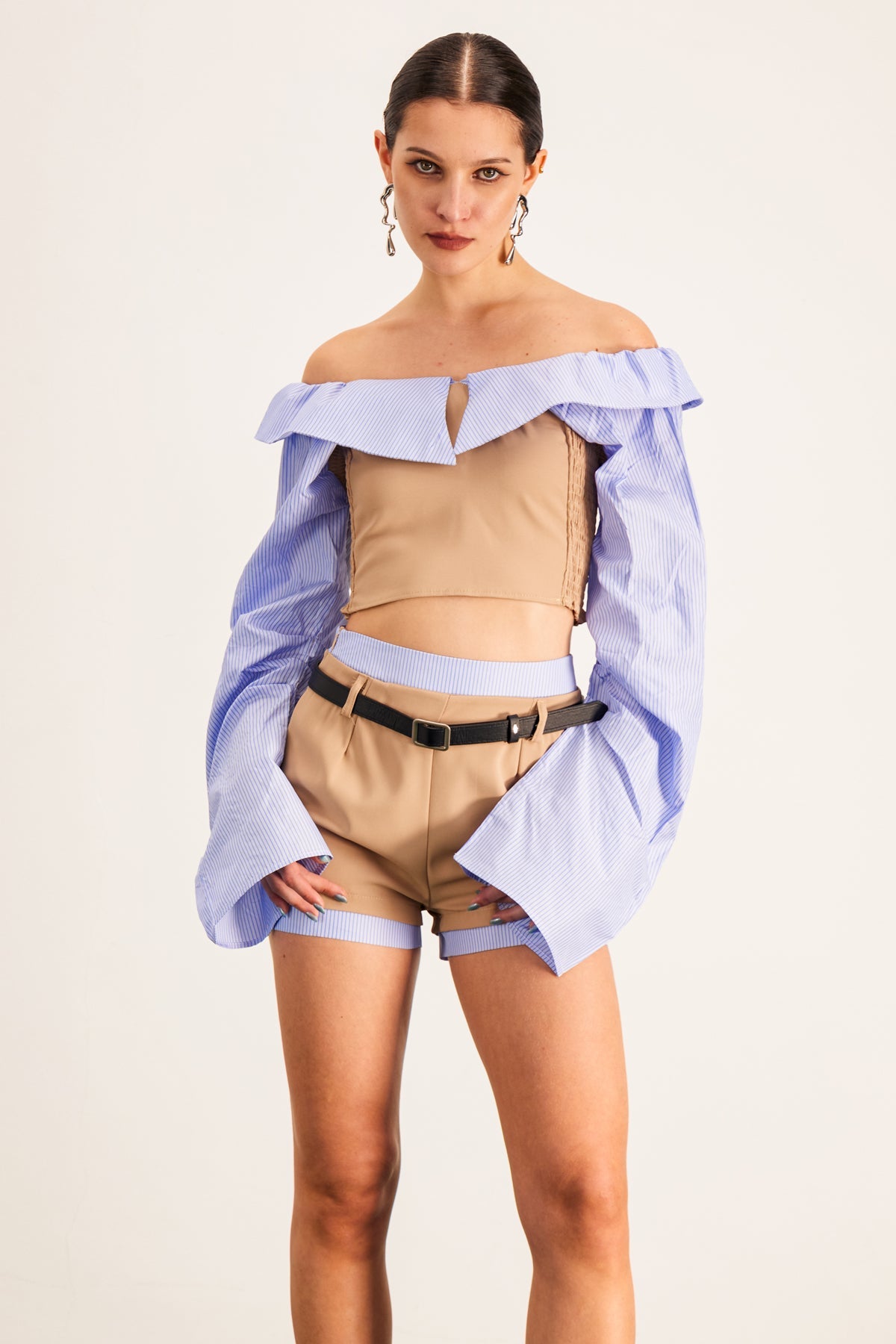 Ardice Off Shoulder Buckle Short Pants Set