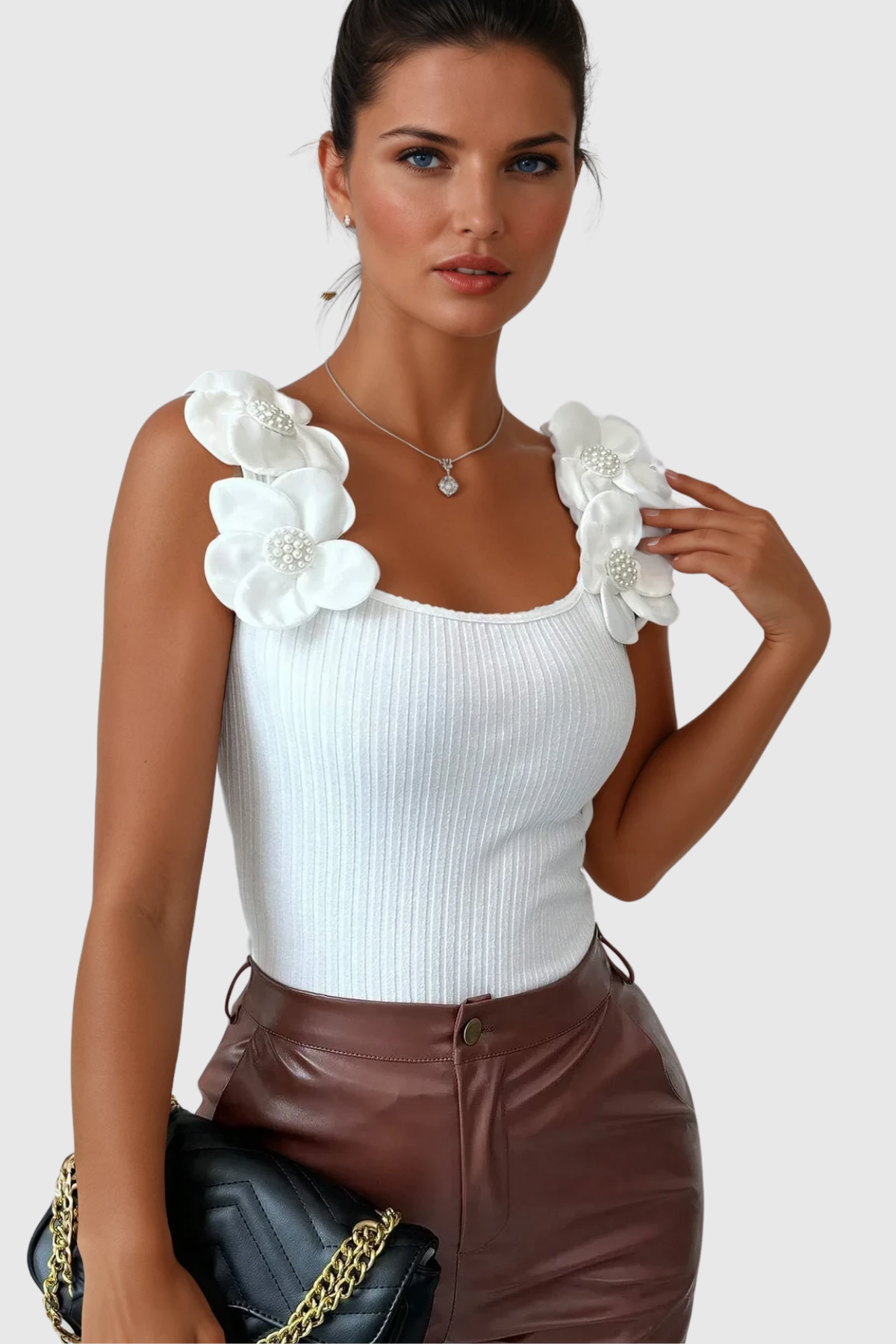 Arduin Flower Sleeveless Pearl Knit Top