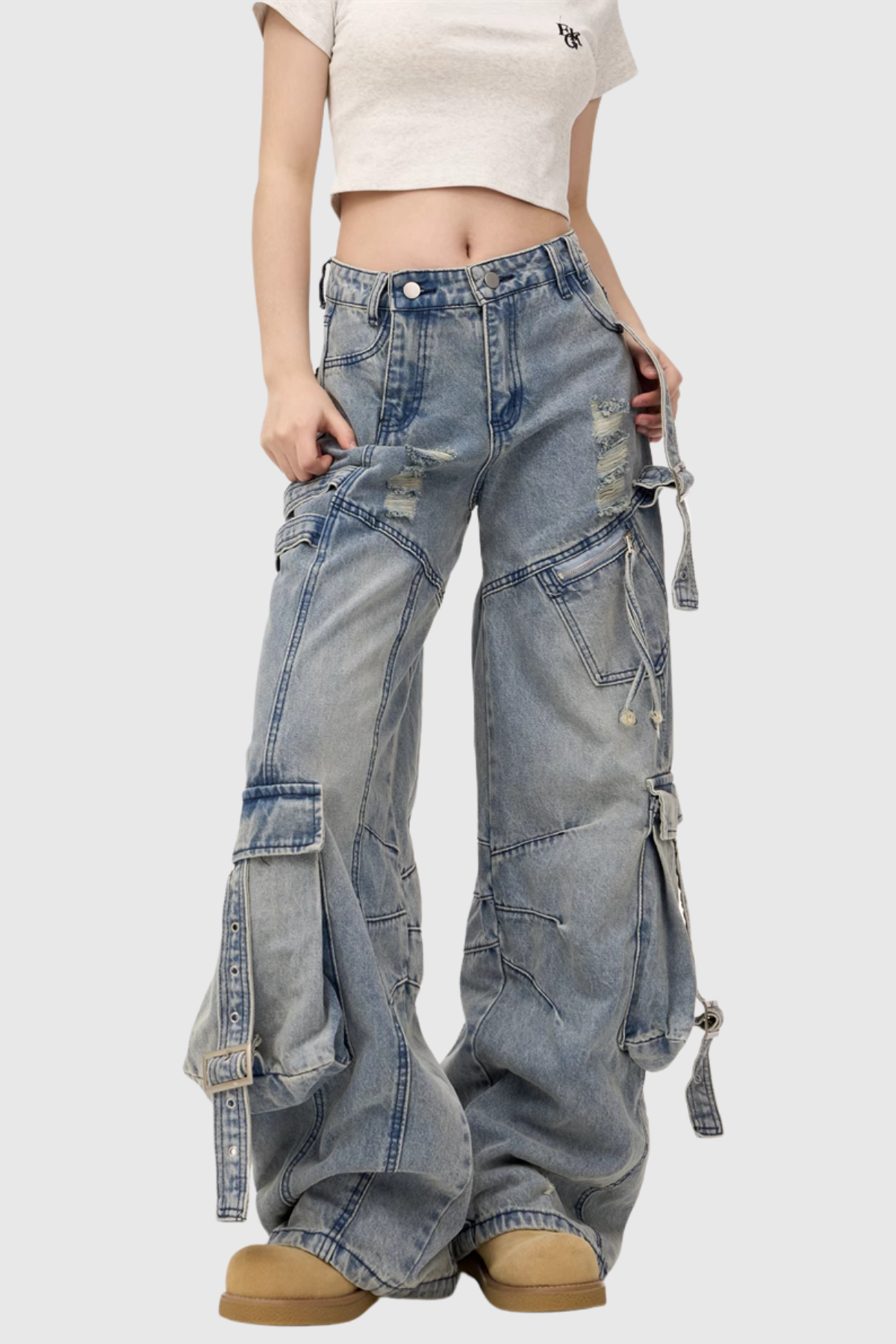 Arella Ripped Asymmetric Wide Cargo Jeans