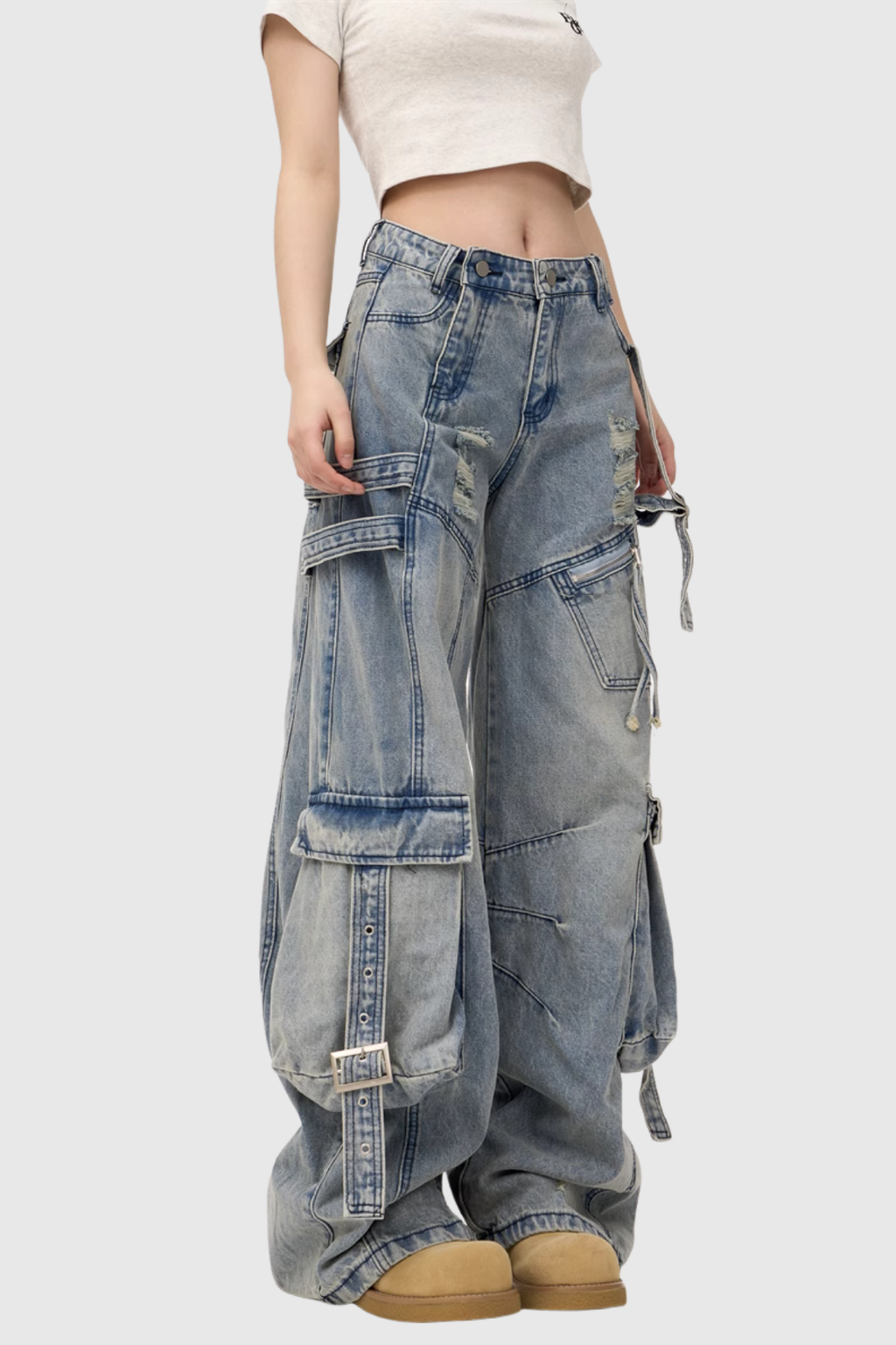 Arella Ripped Asymmetric Wide Cargo Jeans