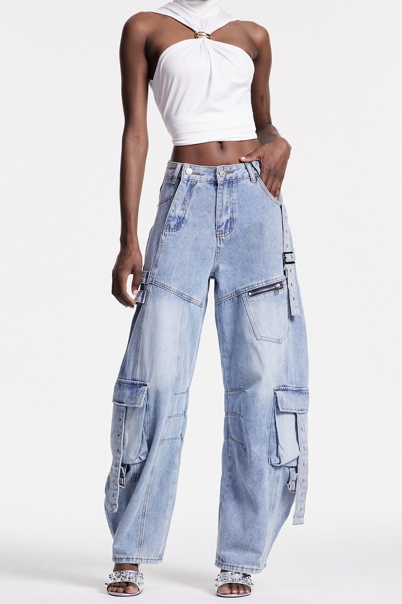 Arella Asymmetric Buckle Wide Cargo Jeans In Blue