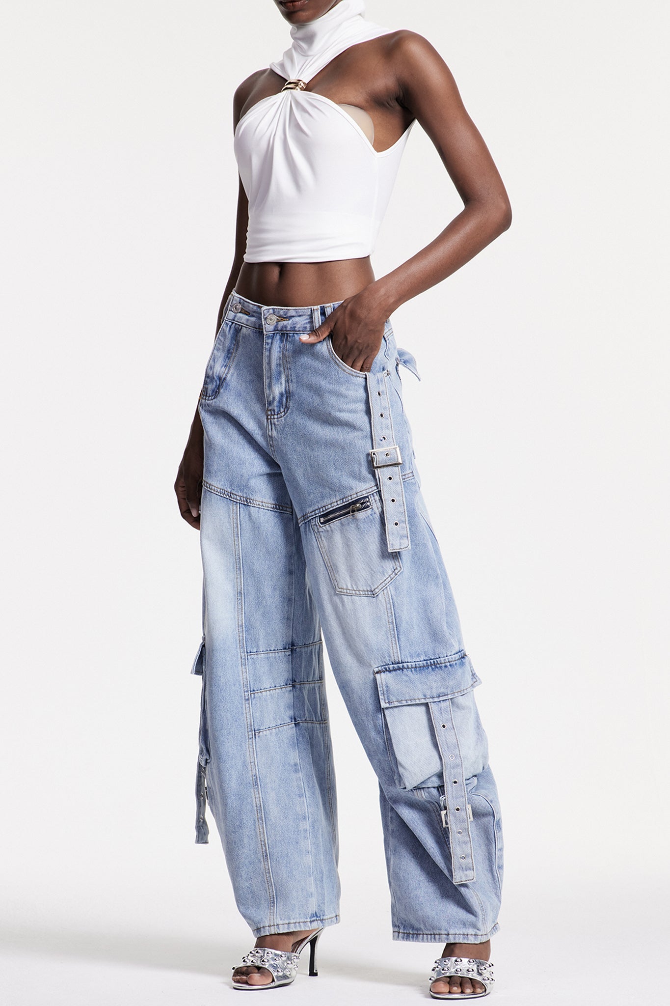 Arella Asymmetric Buckle Wide Cargo Jeans In Blue