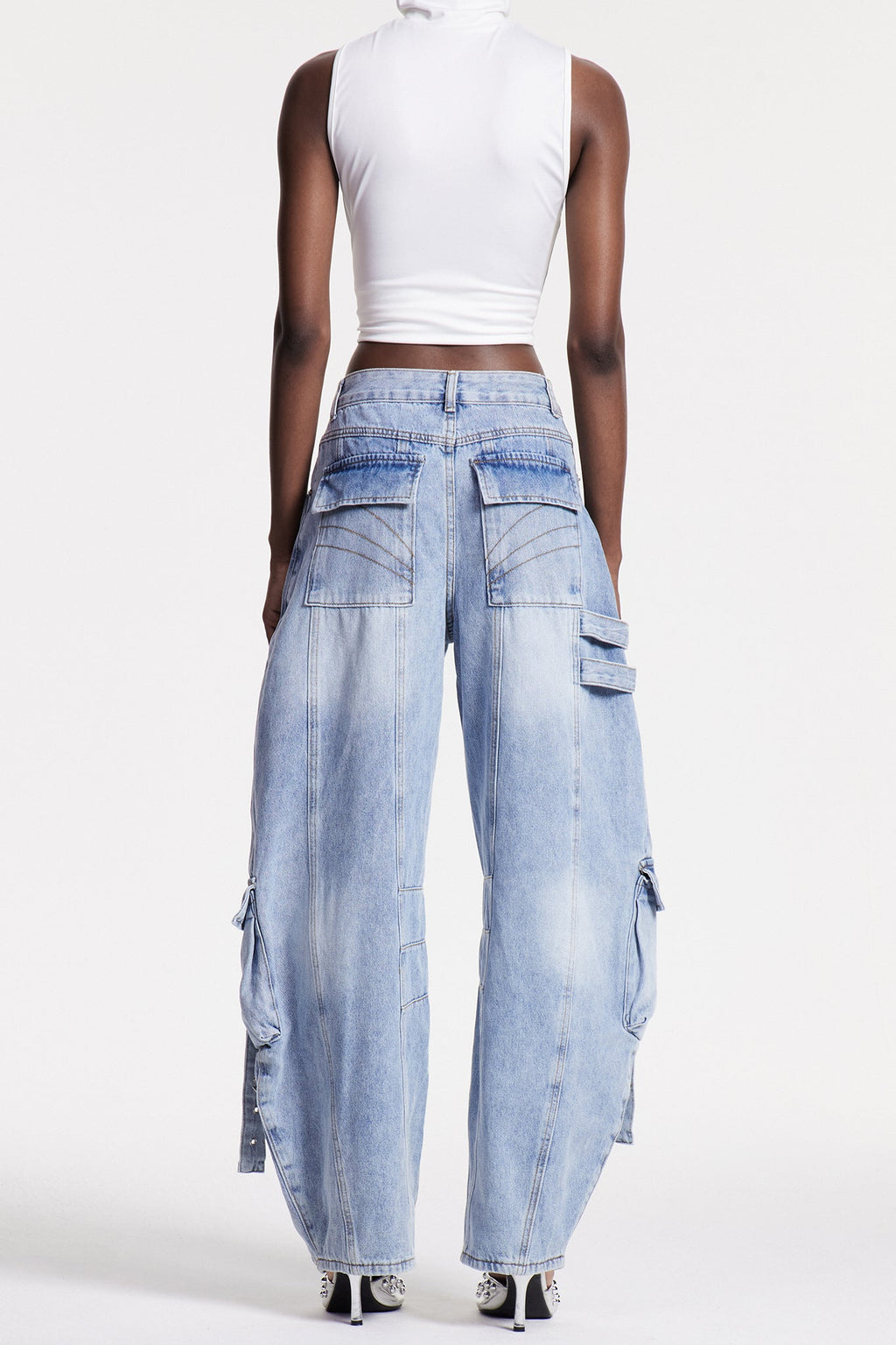 Arella Asymmetric Buckle Wide Cargo Jeans In Blue