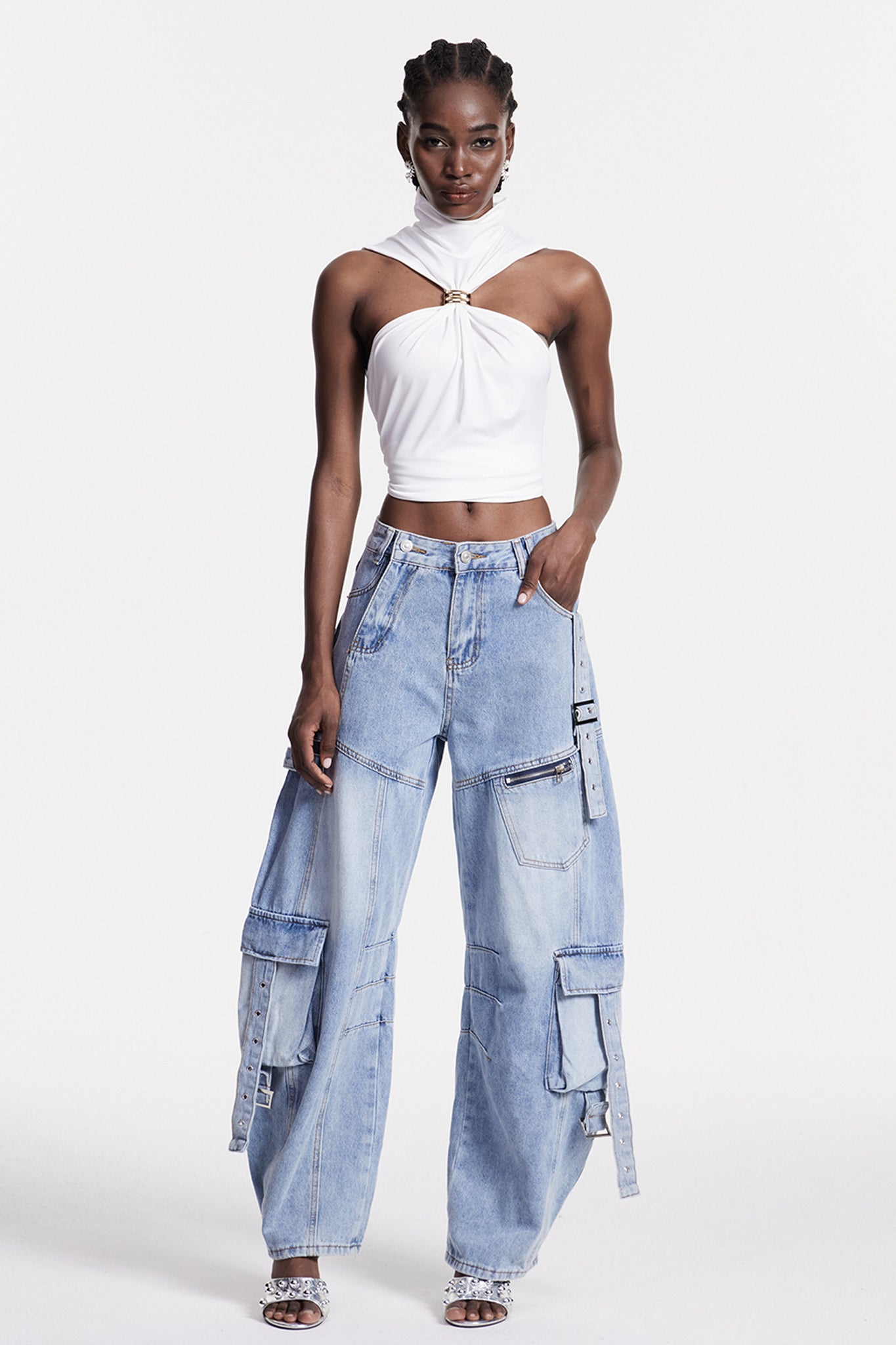 Arella Asymmetric Buckle Wide Cargo Jeans In Blue