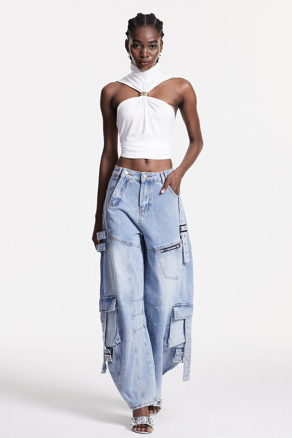 Arella Asymmetric Buckle Wide Cargo Jeans In Blue