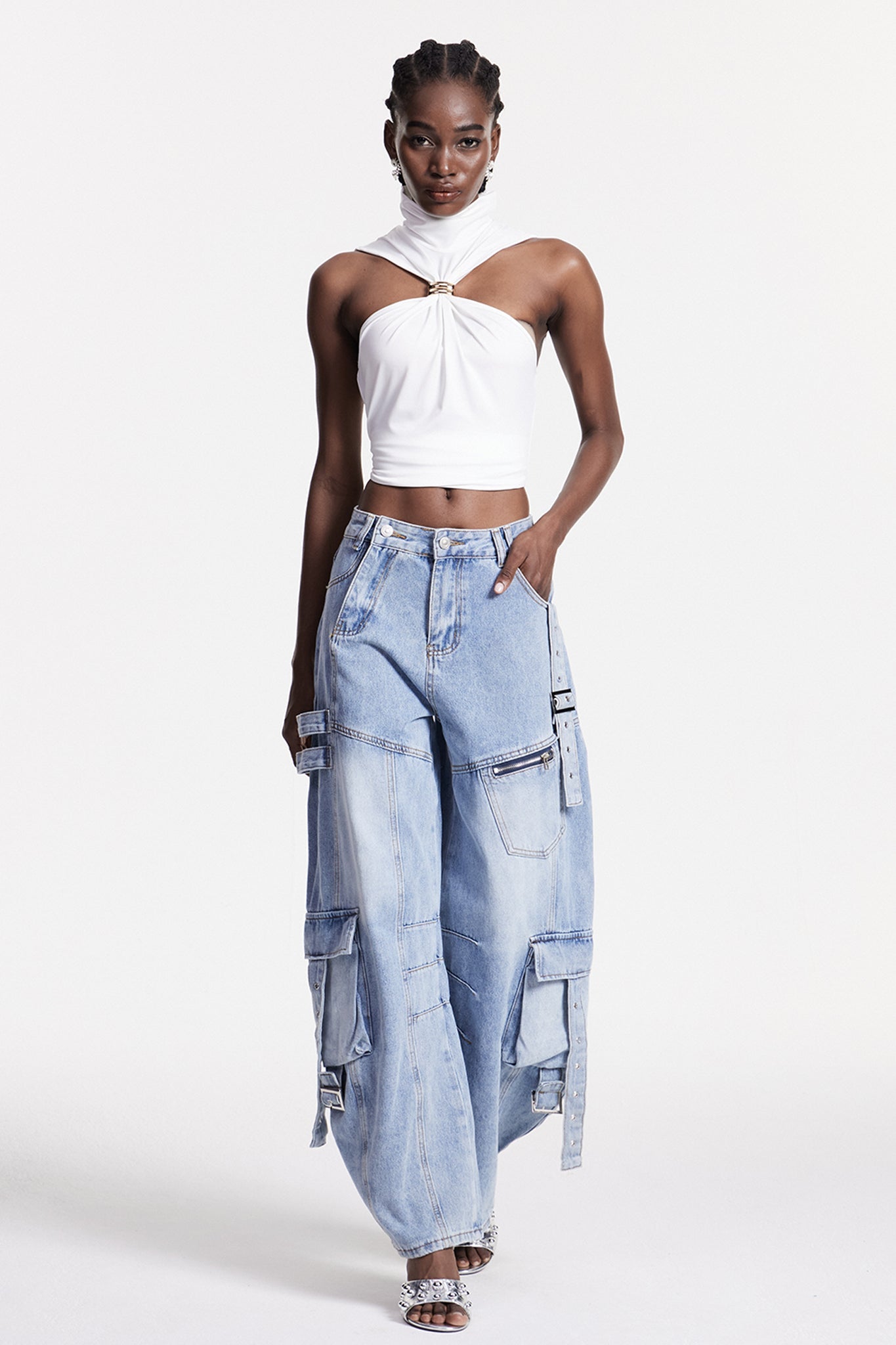 Arella Asymmetric Buckle Wide Cargo Jeans In Blue