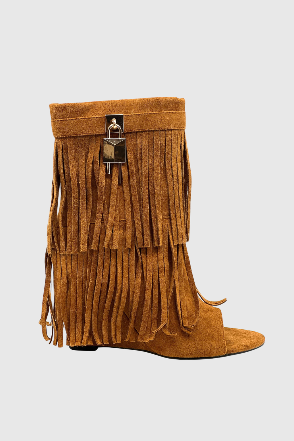 Arian Peep Toe Fringe Suede Boots In Brown