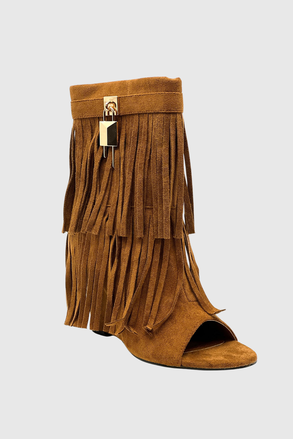 Arian Peep Toe Fringe Suede Boots In Brown