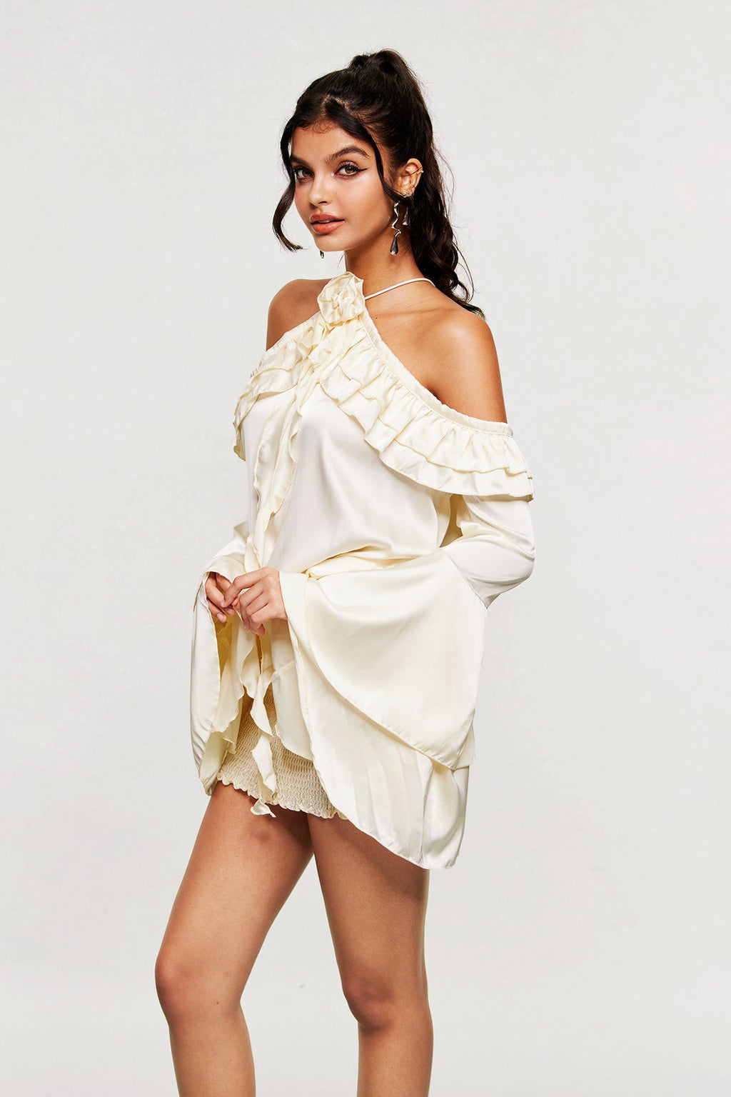 Arias Ruffle Off Shoulder Flower Mini Dress