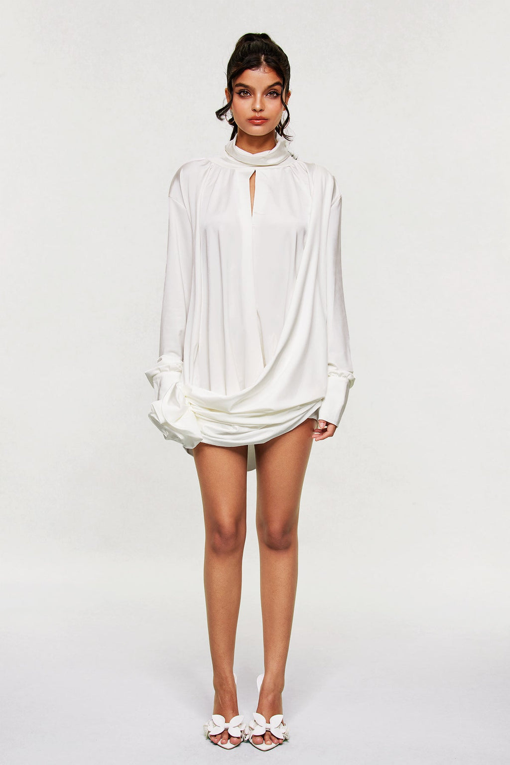 Ariella Flower Cutout Mesh Ruch Mini Dress In White