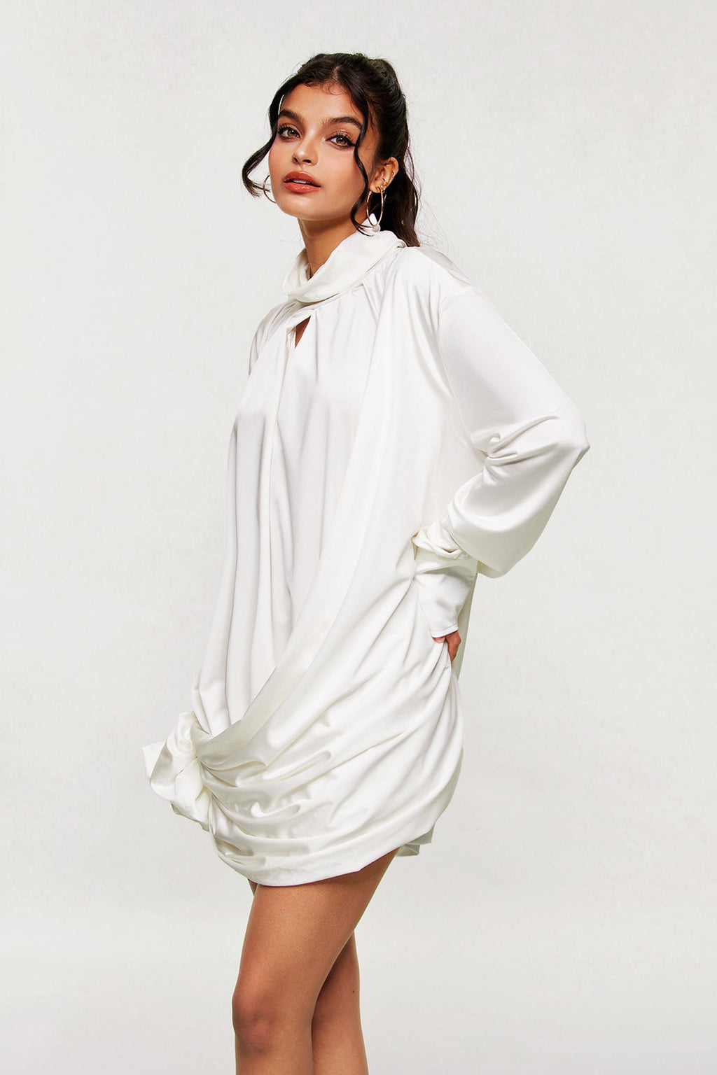 Ariella Flower Cutout Mesh Ruch Mini Dress In White