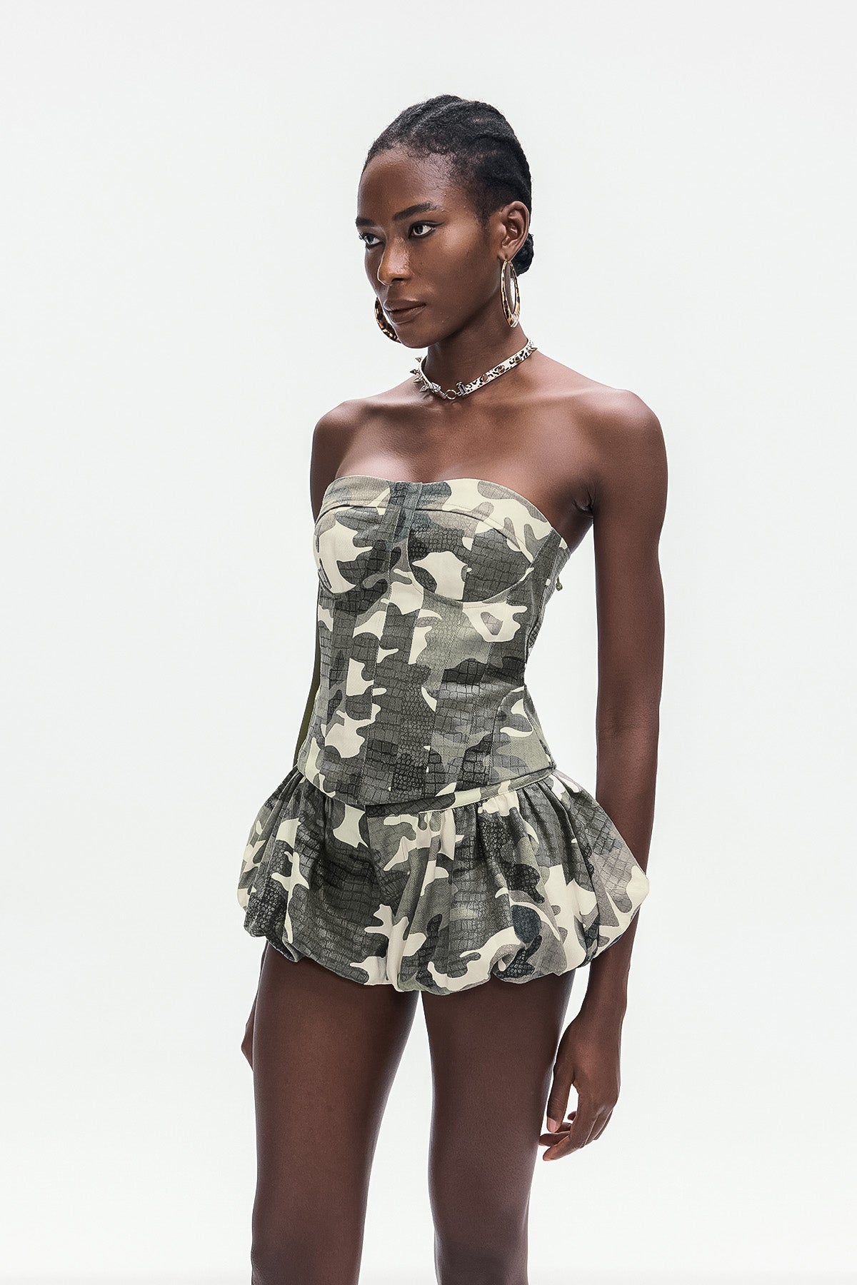 Baara Camouflage Print Corset Lace Up Skirt Set