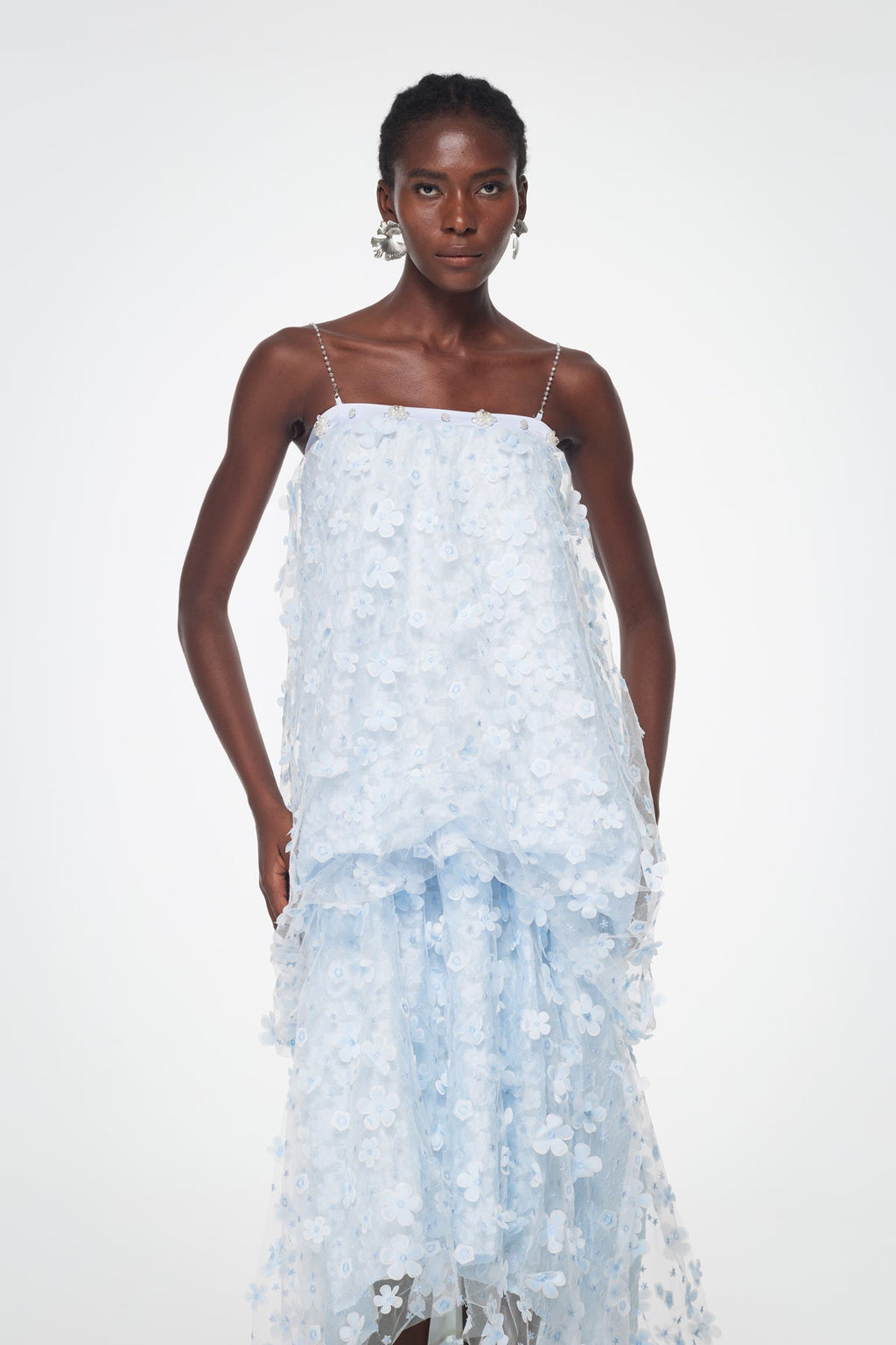 Baduhilt Mesh Flower Strapless Maxi Dress