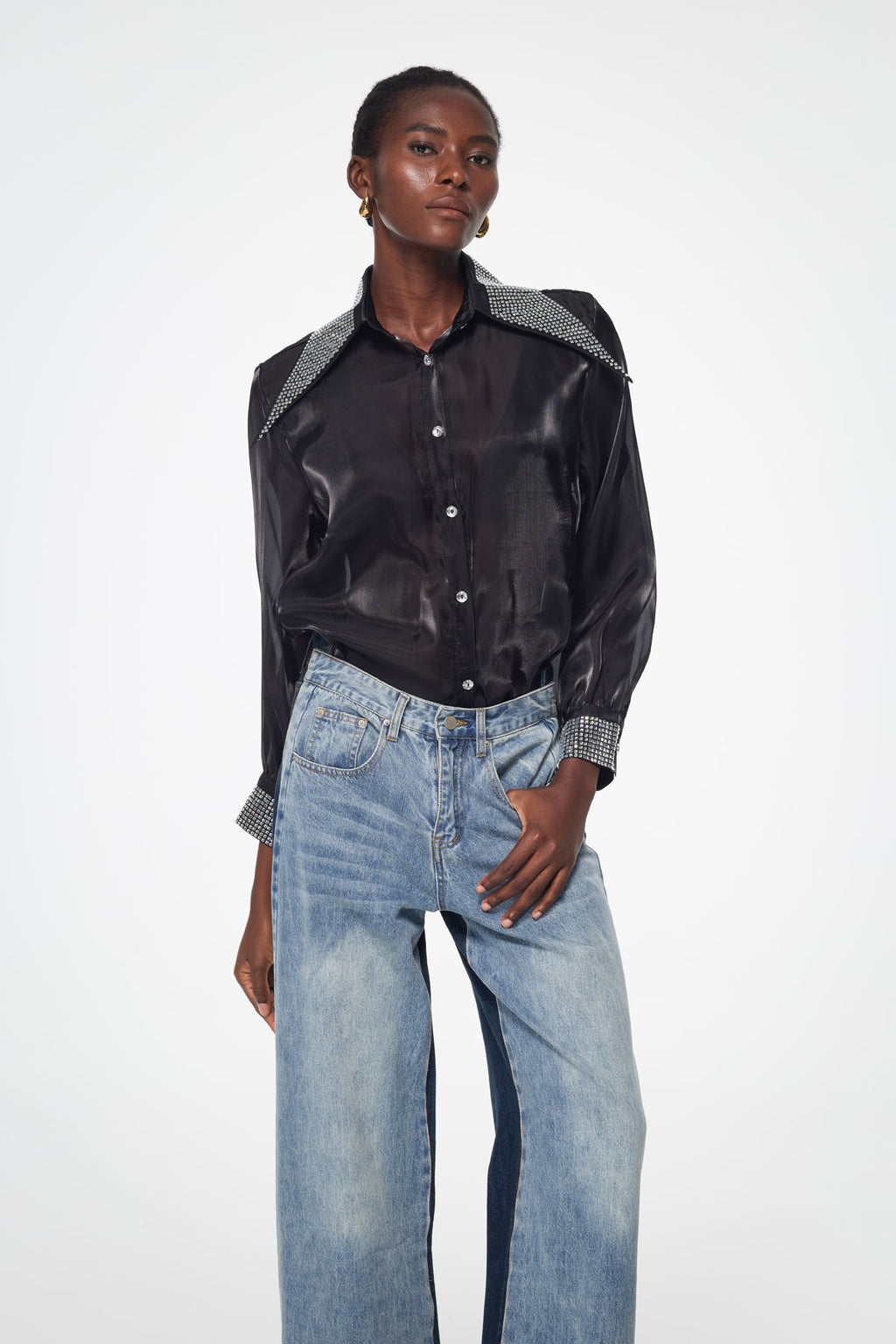 Badurad Rhinestone Lapel Shirt In Black