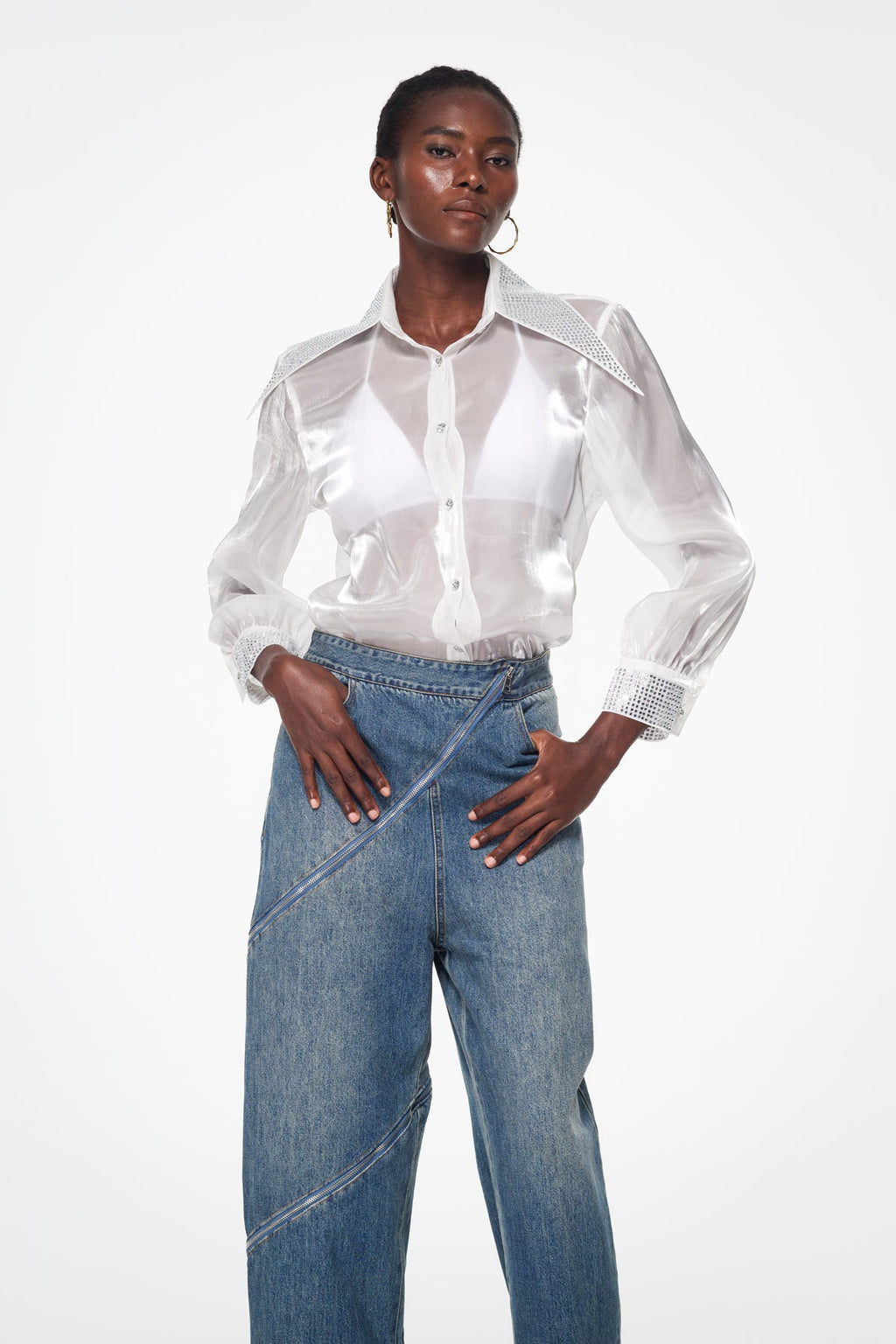 Badurad Rhinestone Lapel Shirt In White