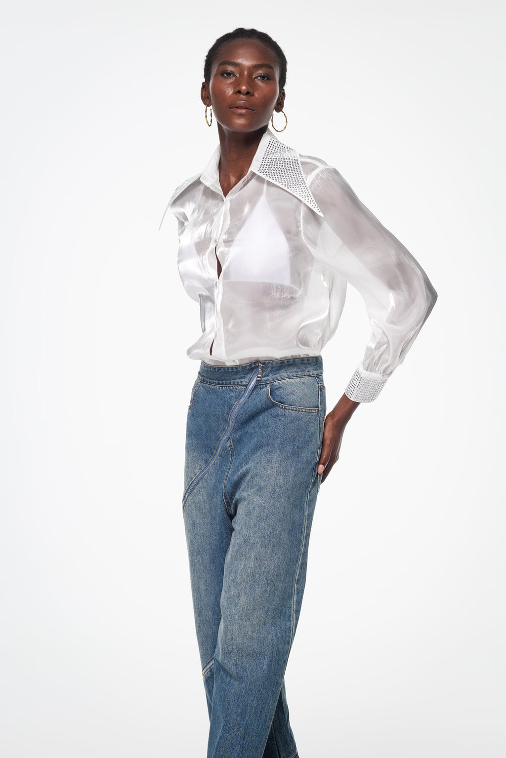 Badurad Rhinestone Lapel Shirt In White