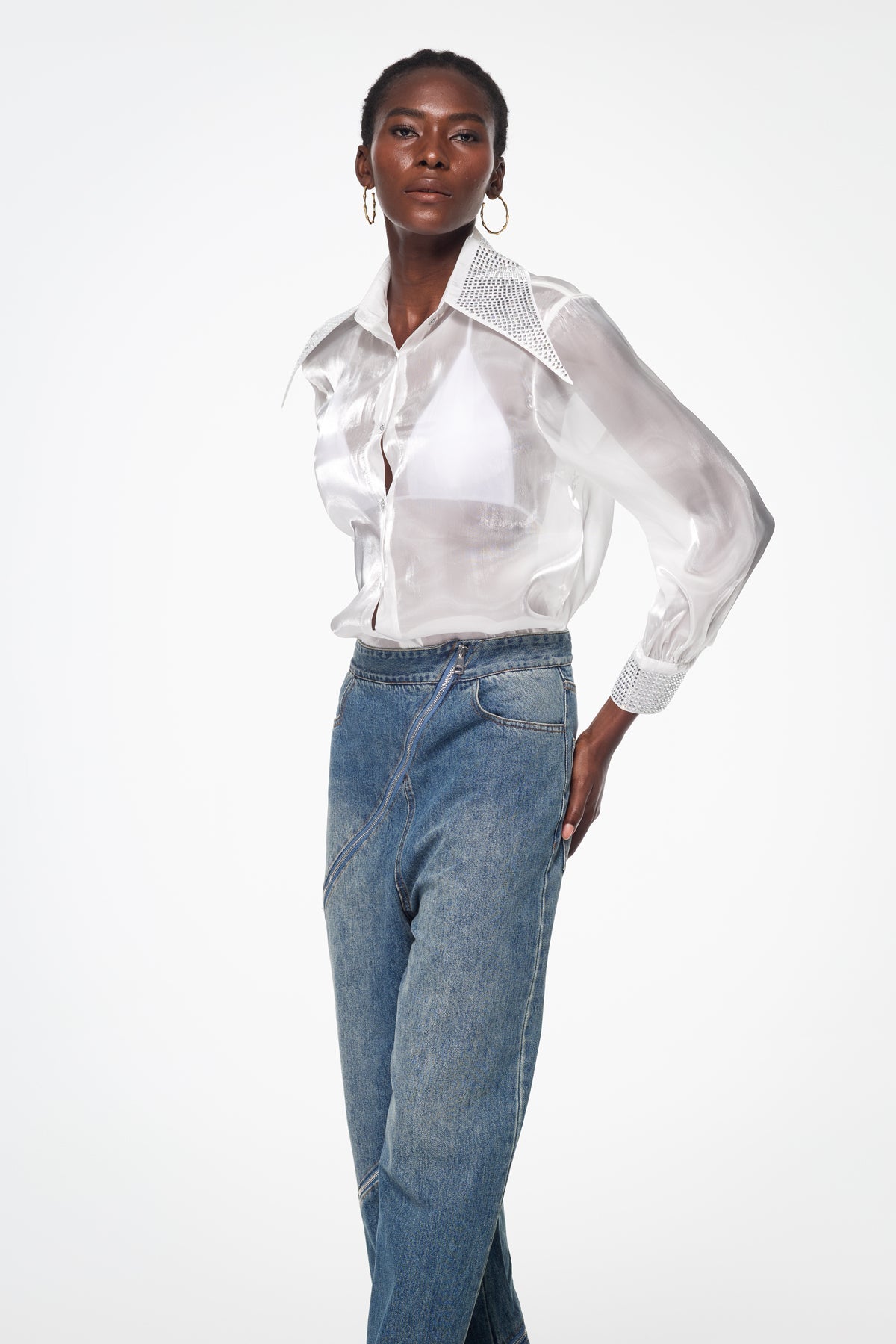 Badurad Rhinestone Lapel Shirt In White