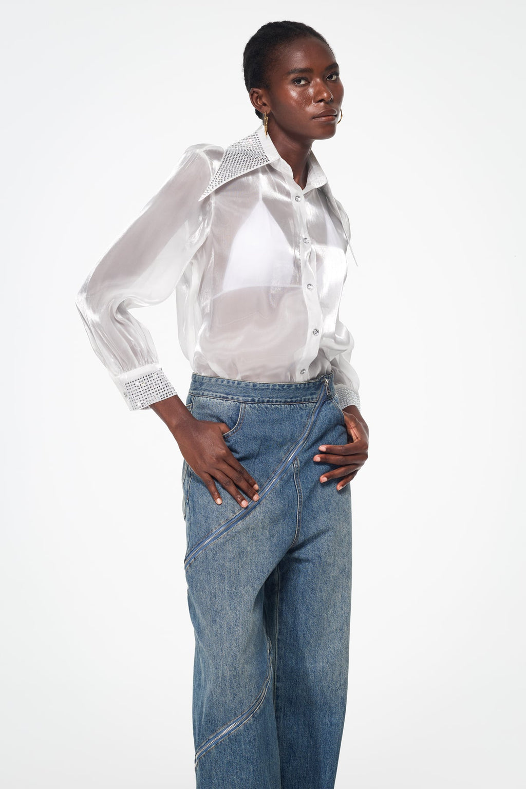 Badurad Rhinestone Lapel Shirt In White