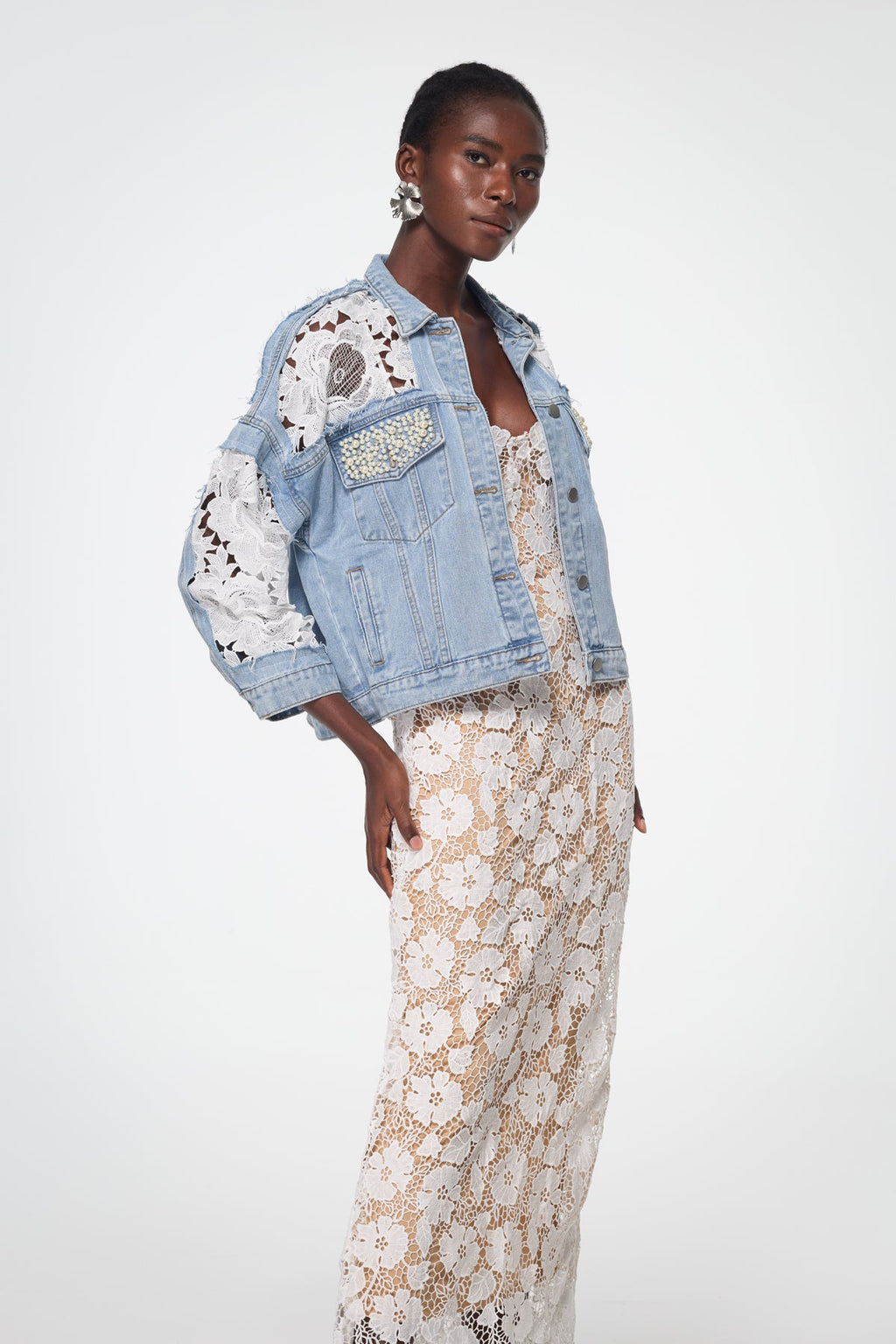 Bagadata Lace Floarl Pearl Denim Jacket