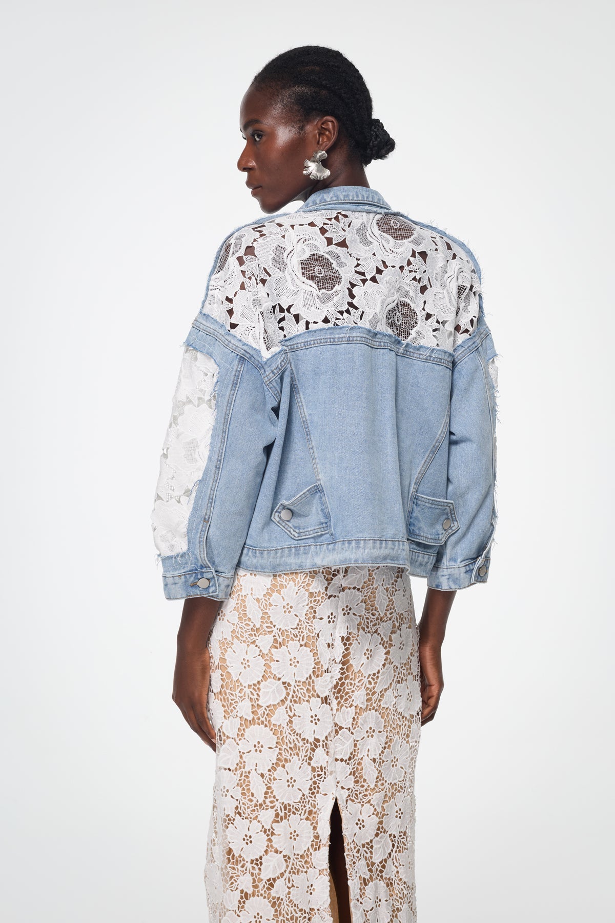 Bagadata Lace Floarl Pearl Denim Jacket