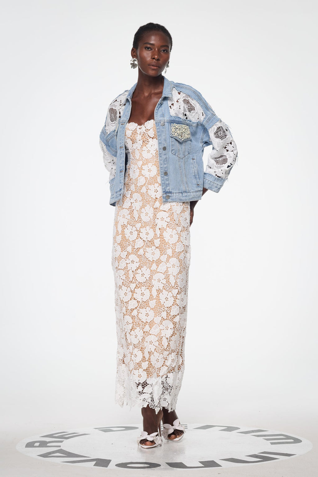 Bagadata Lace Floarl Pearl Denim Jacket