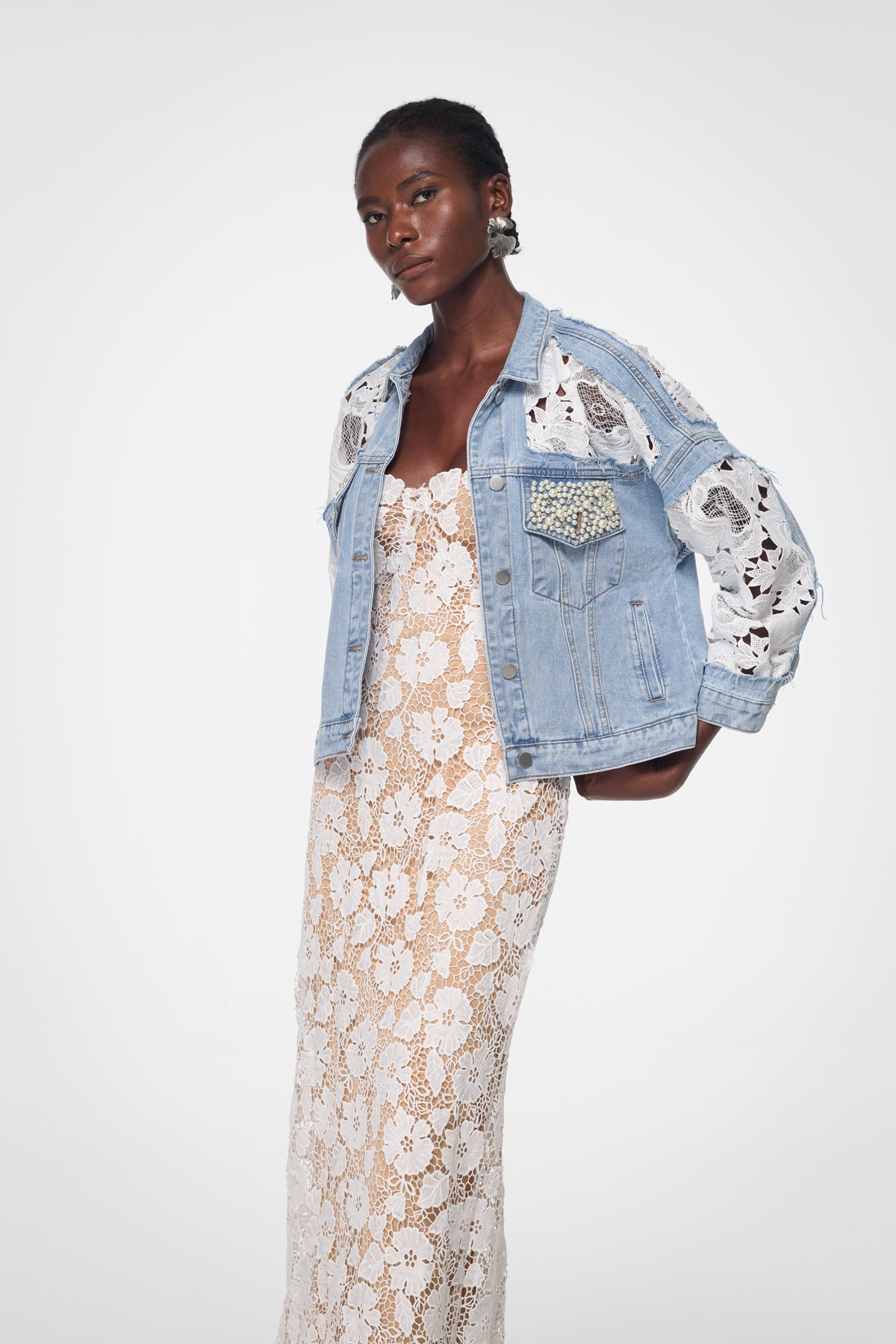 Bagadata Lace Floarl Pearl Denim Jacket