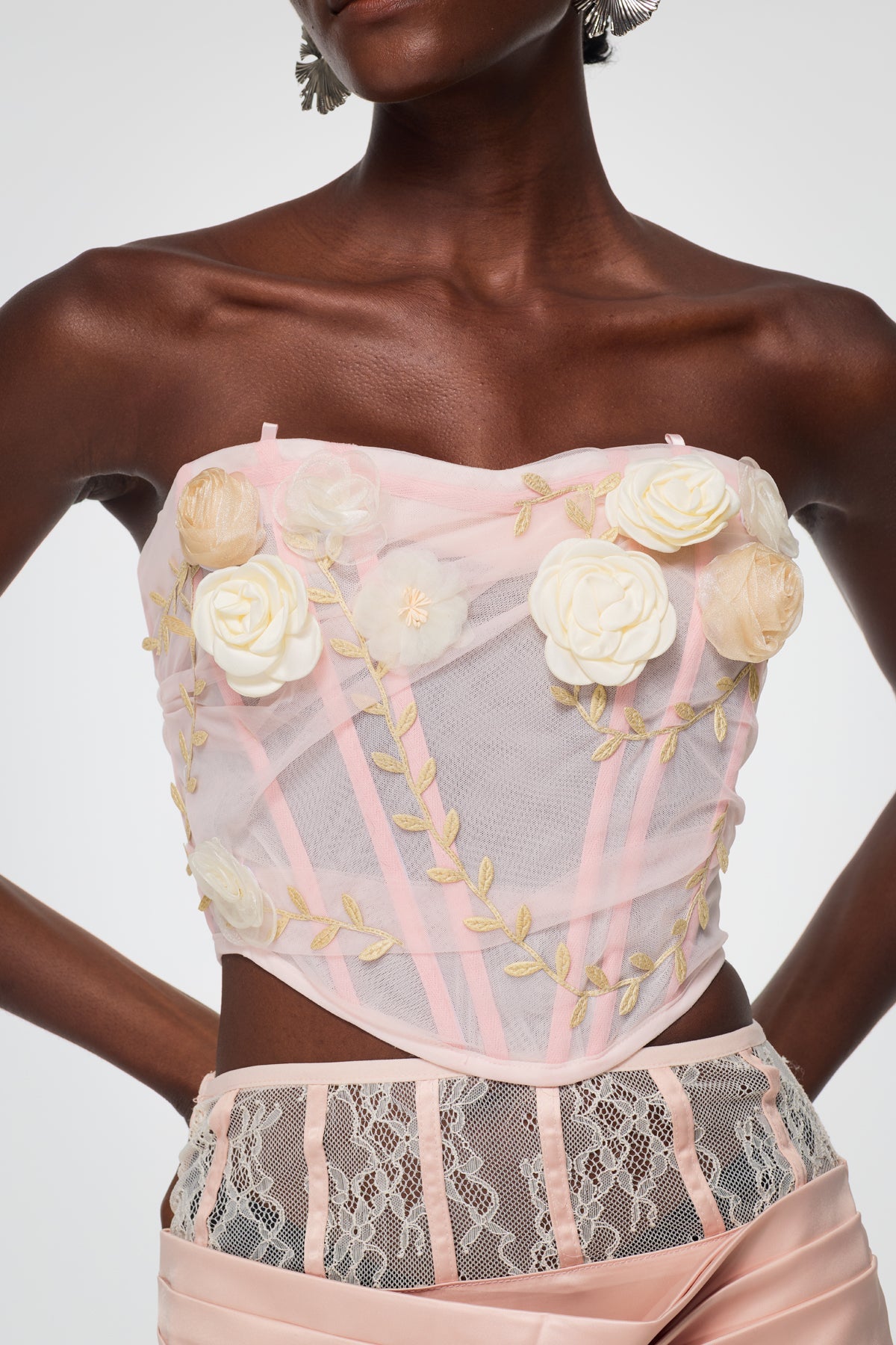 Bahador Corset Mesh Flower Top