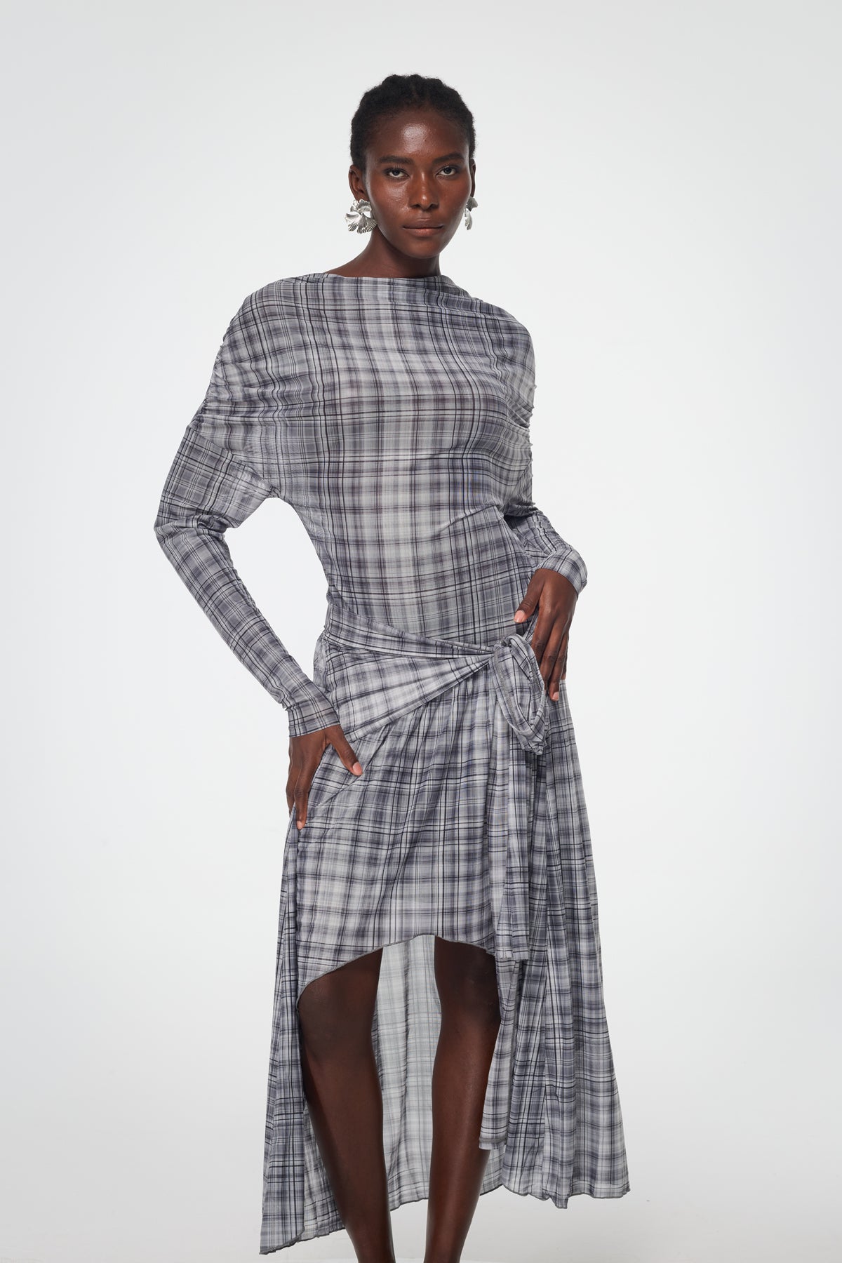 Bahija Plaid Asymmetric Split Maxi Dress