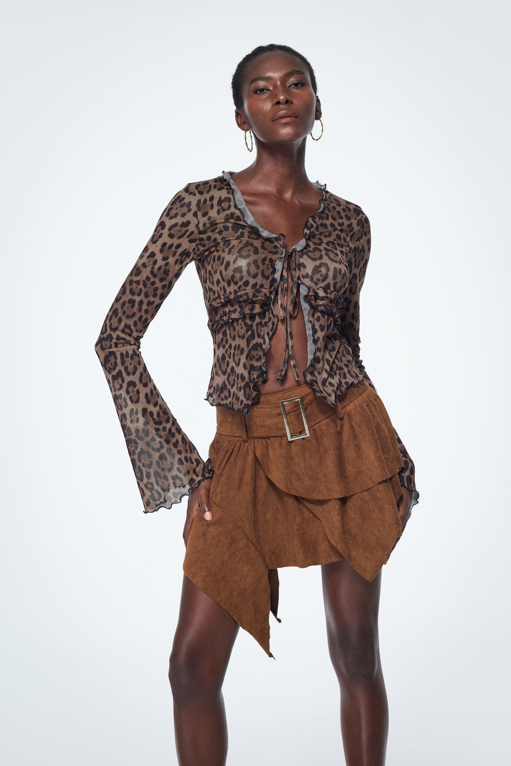 Baishan Leopard Ruffle Lace Up Top