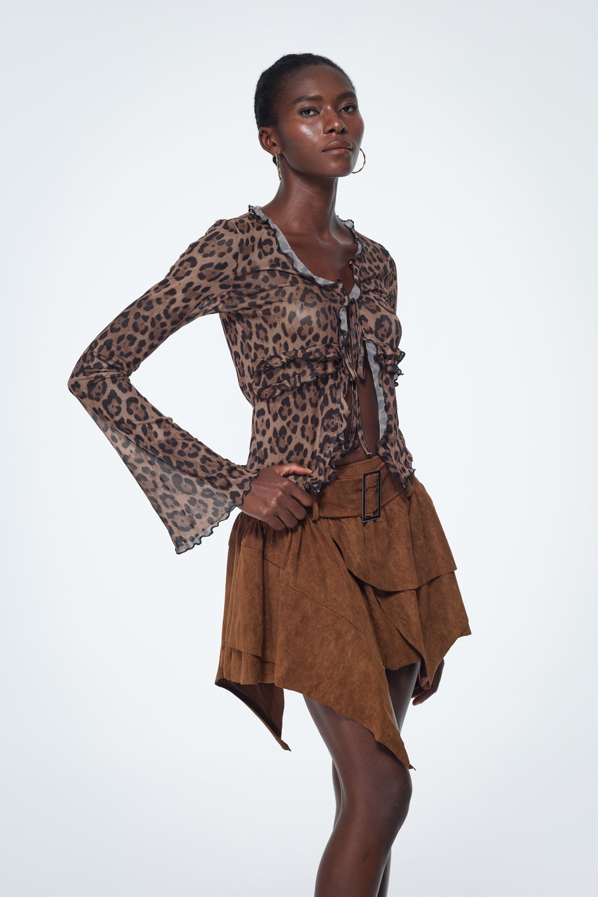 Baishan Leopard Ruffle Lace Up Top