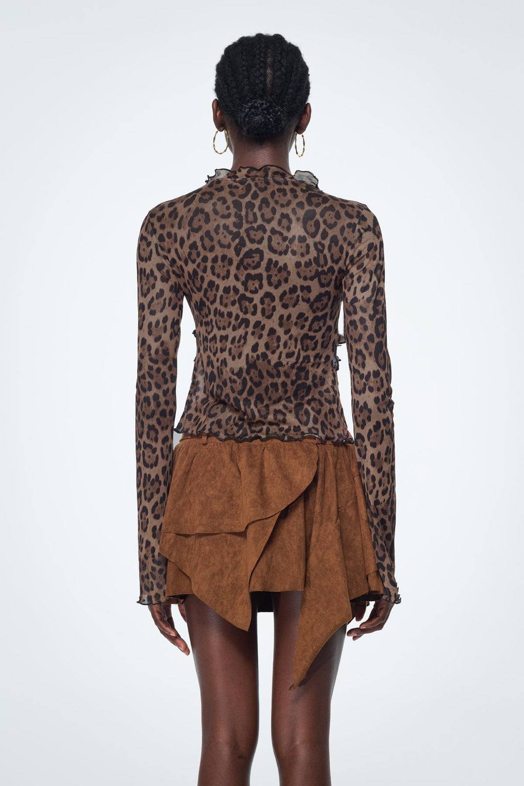 Baishan Leopard Ruffle Lace Up Top