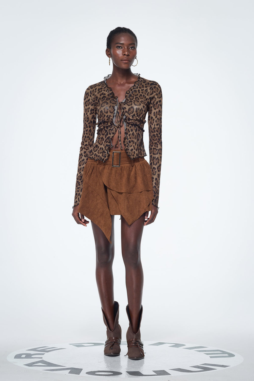 Baishan Leopard Ruffle Lace Up Top