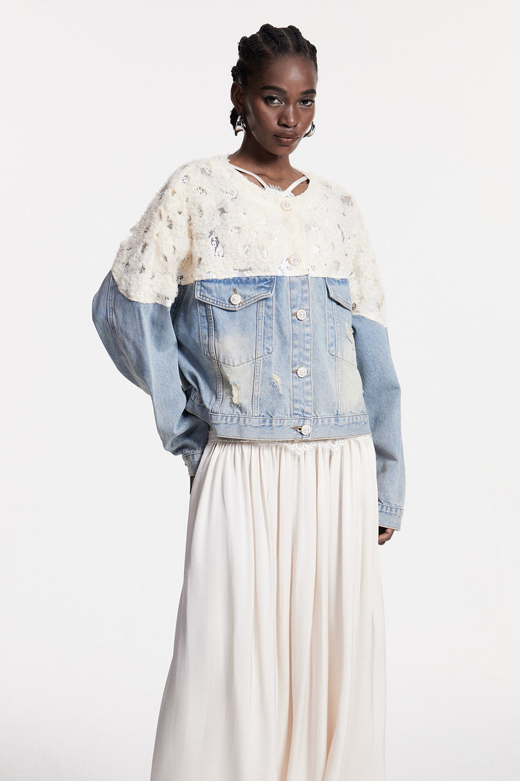 Bakhtiyar Embroidered Sequin Denim Jacket In White